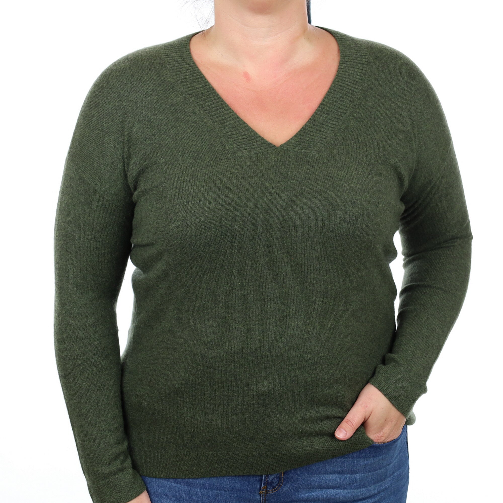 Country Green Cashmere V Neck Jumper Large