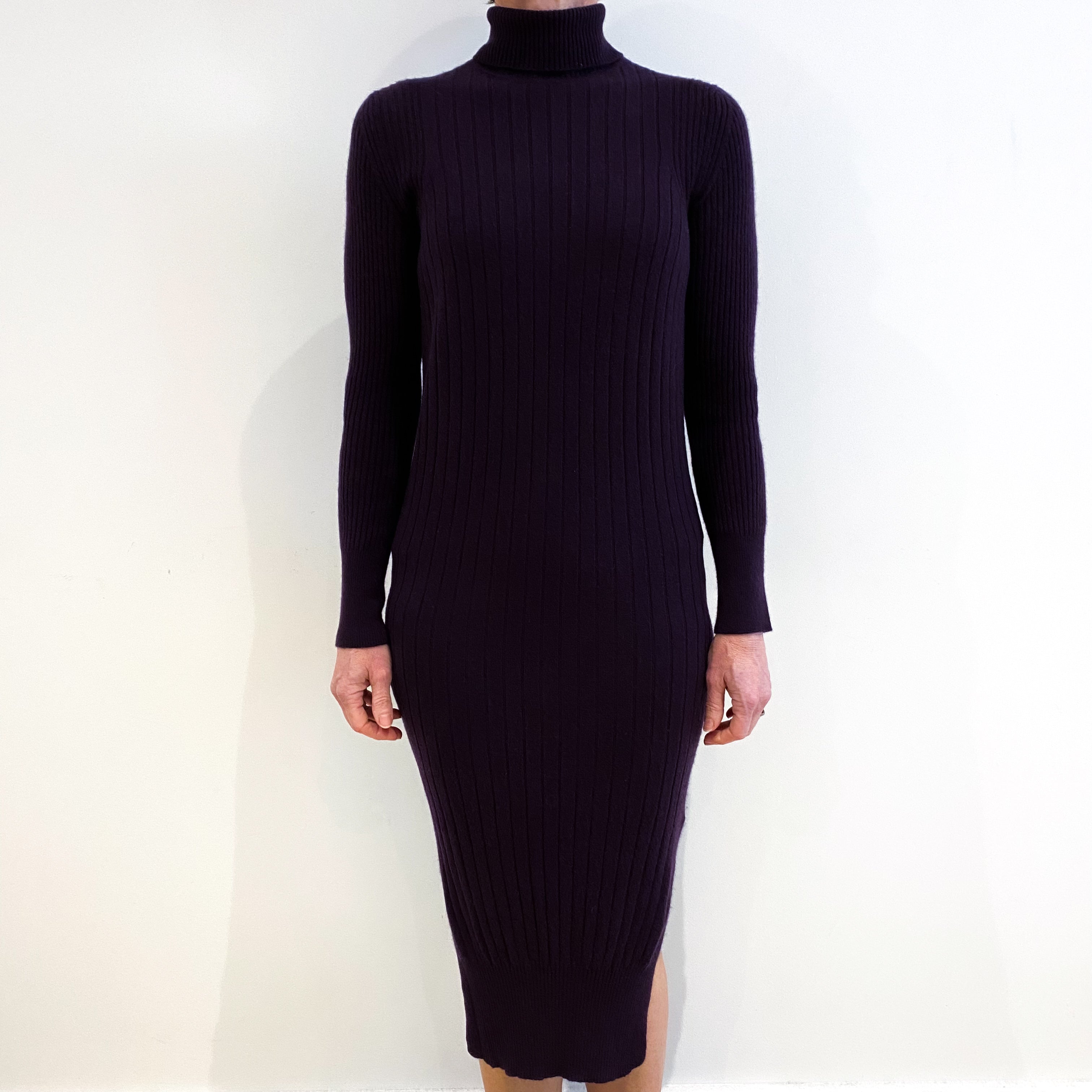Aubergine Purple Cashmere Polo Neck Ribbed Dress Small