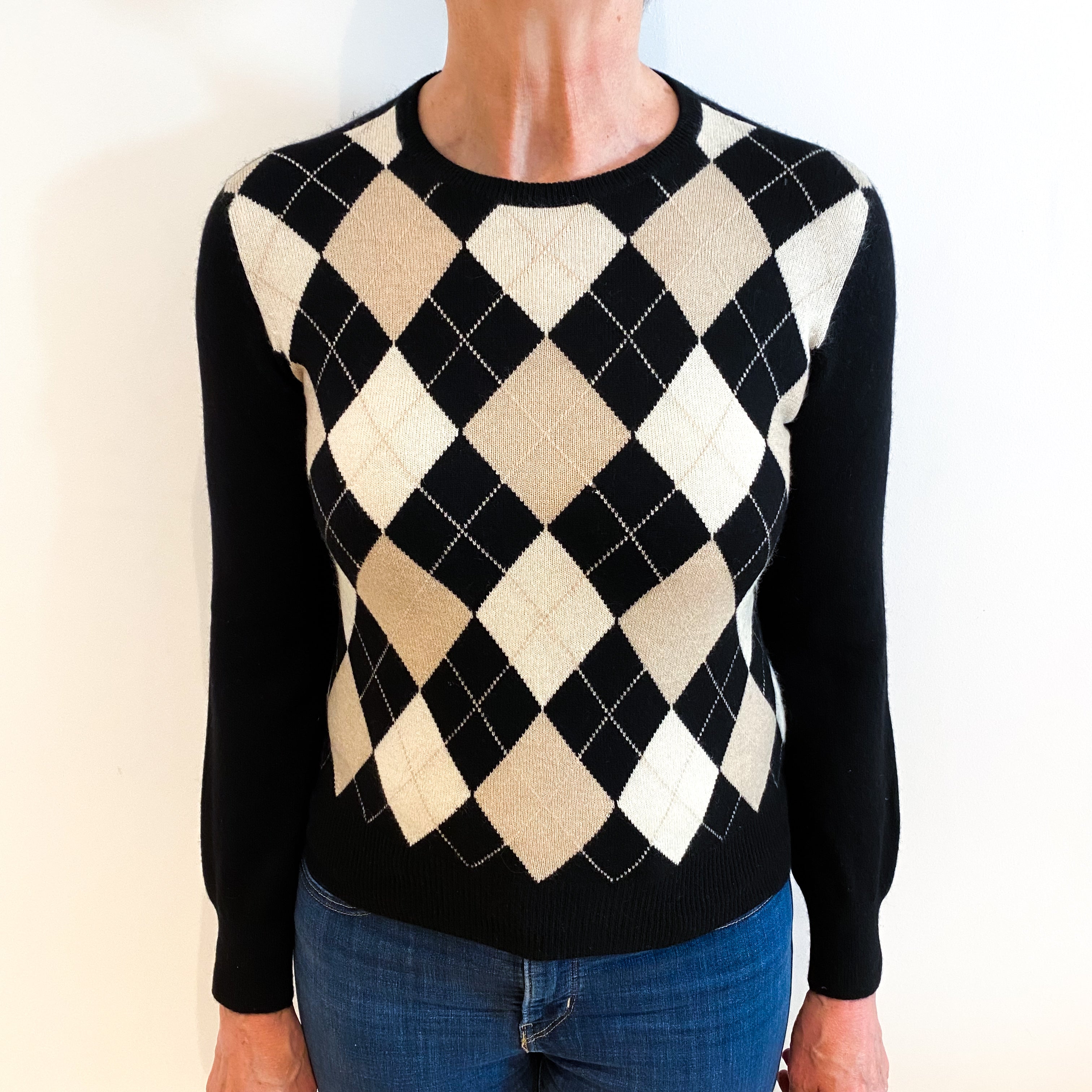 Black and Beige Diamond Cashmere Crew Neck Jumper Medium
