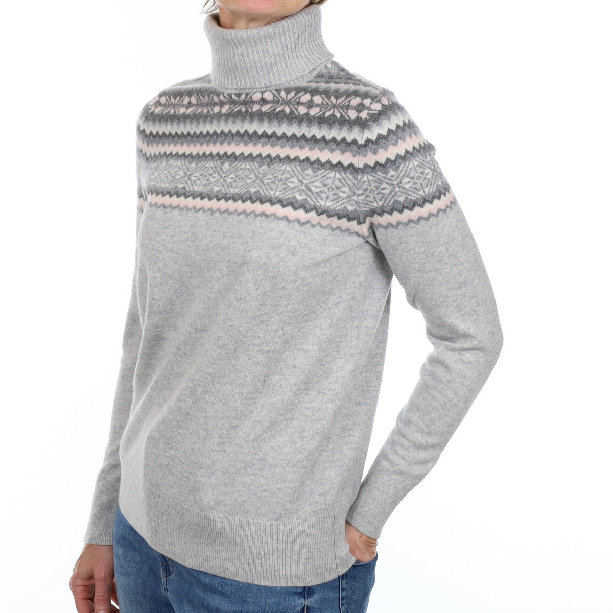 Smoke Grey Fair Isle Cashmere Polo Neck Jumper Small