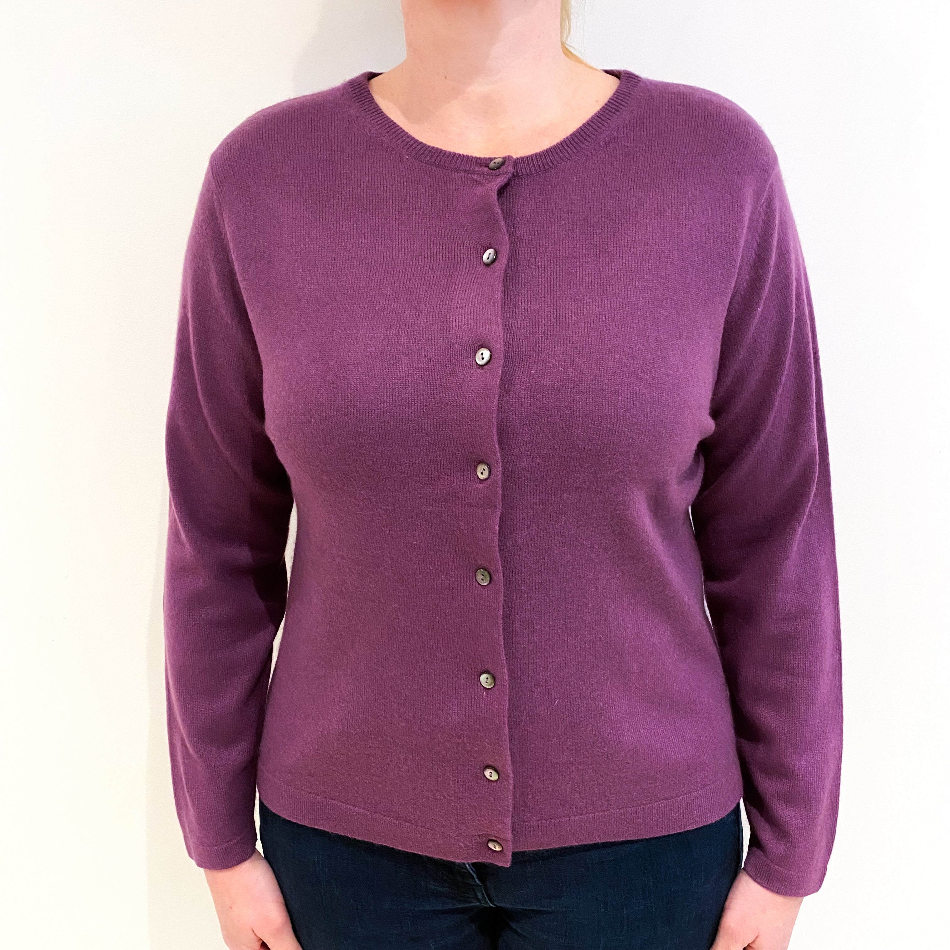 Plum Purple Cashmere Crew Neck Cardigan Large