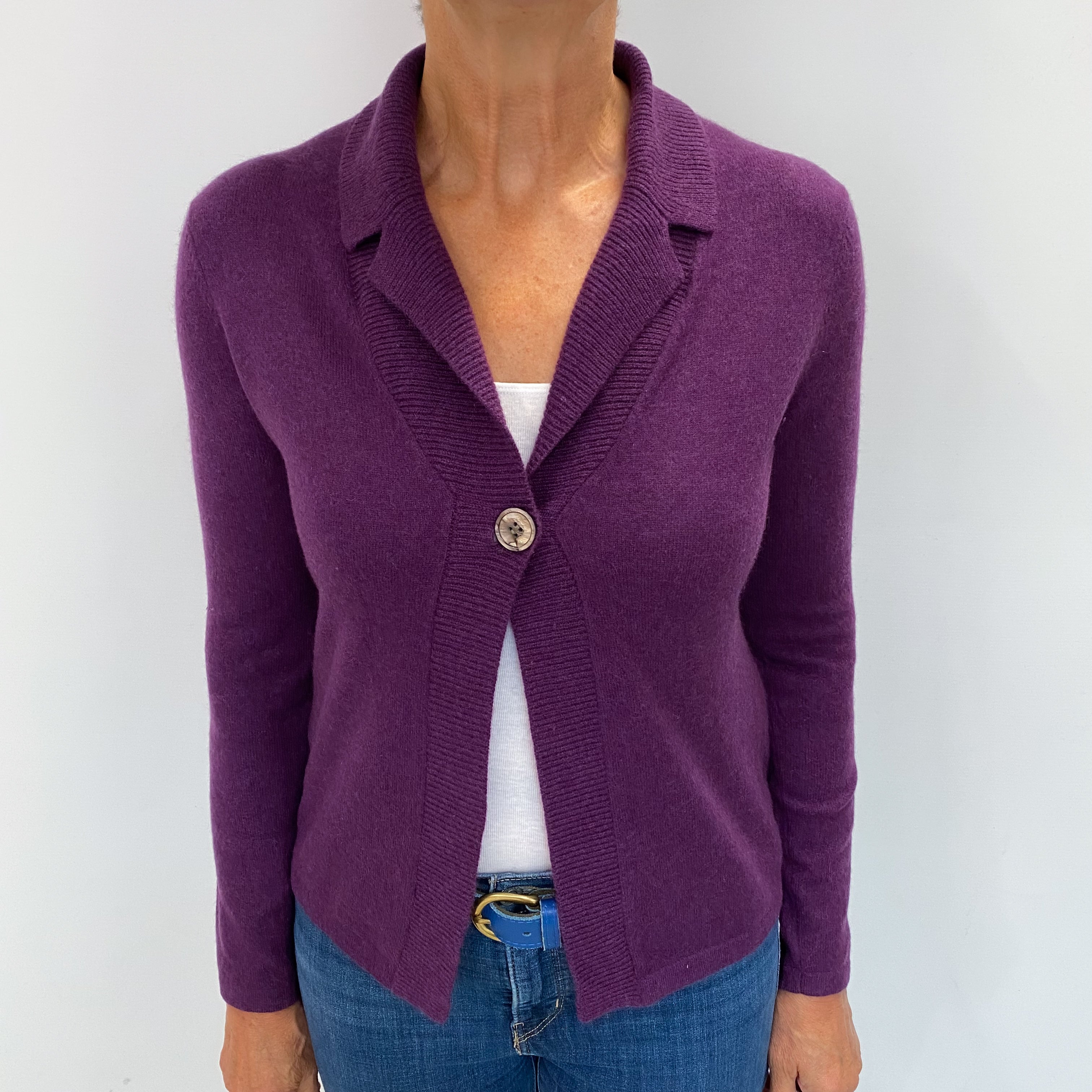 Plum Purple Cashmere Collared V Neck Cardigan Medium