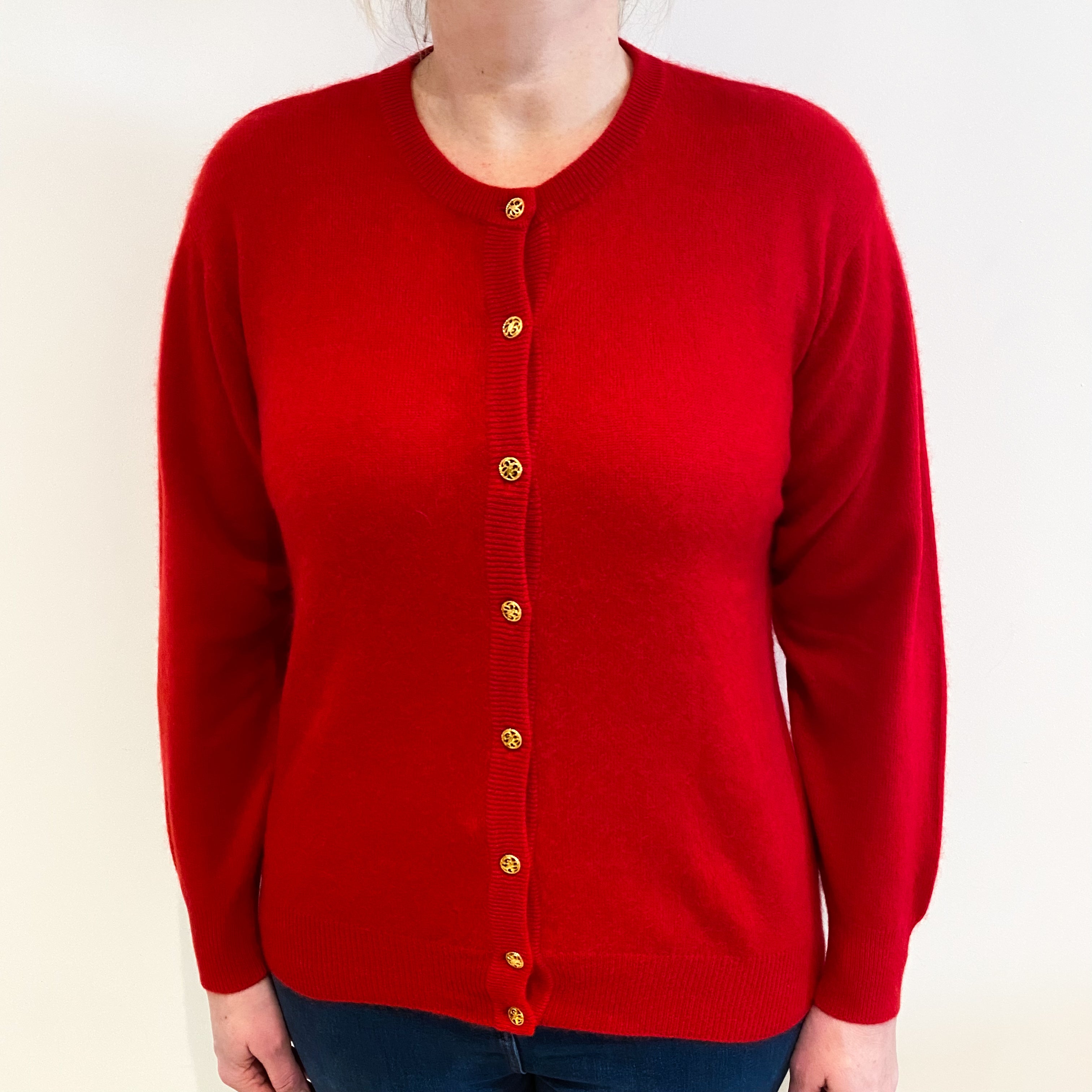 Scarlet Red Cashmere Crew Neck Cardigan Large