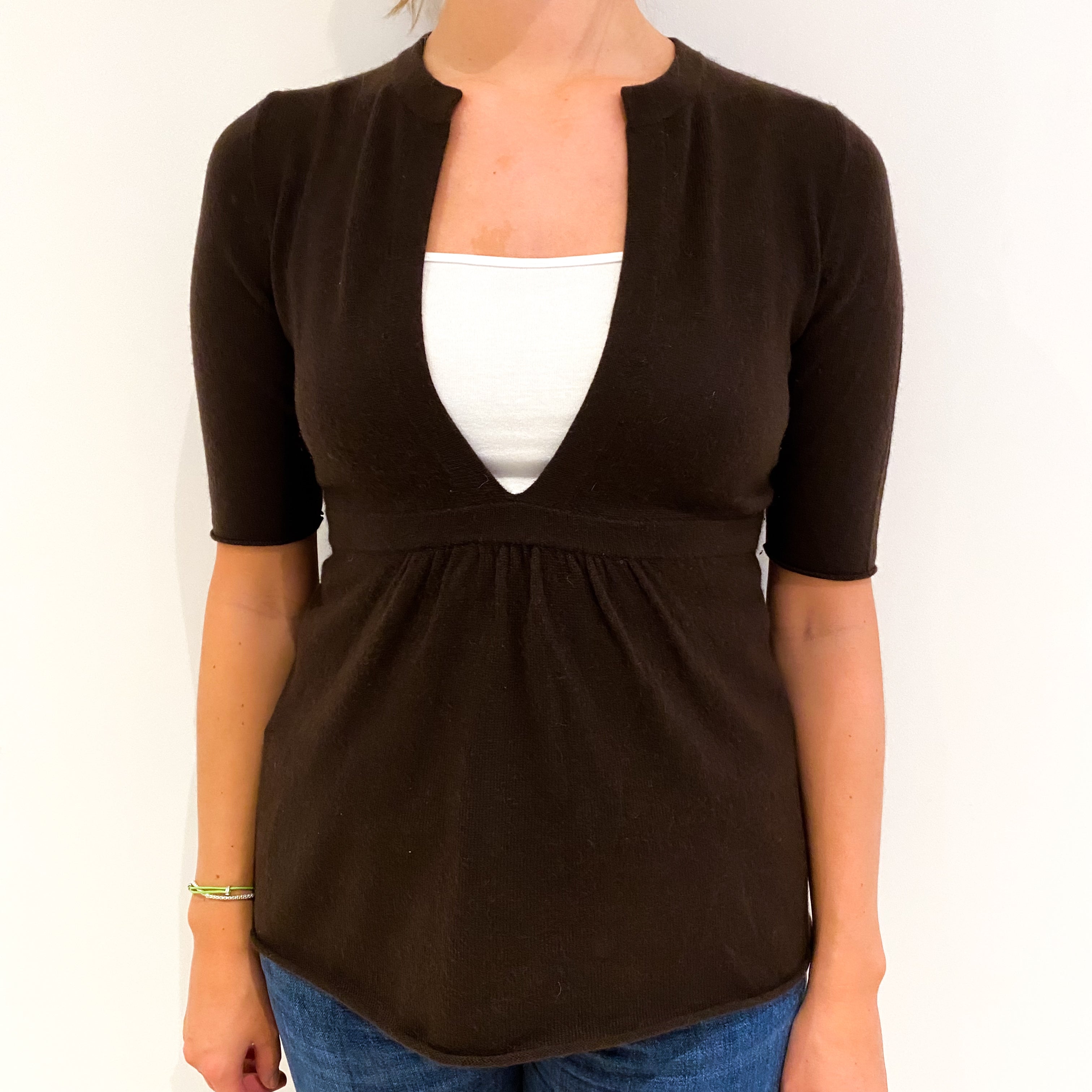 Chocolate Brown Short Sleeved Cashmere Empire Line Jumper Small