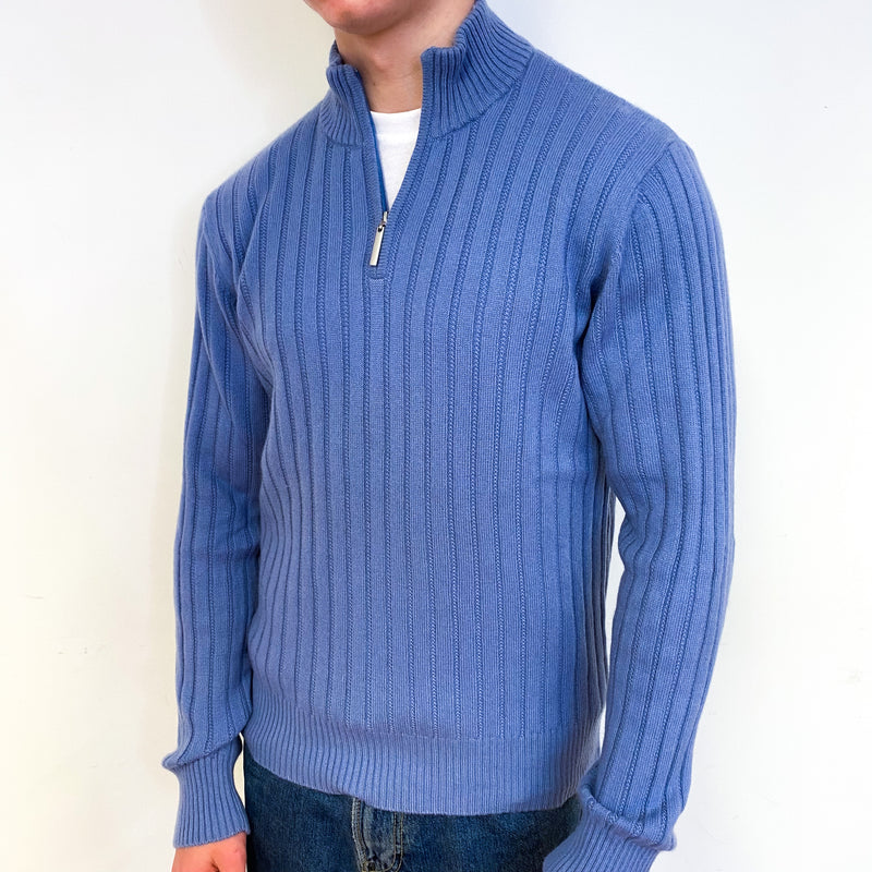 Men's Dusky Sky Blue Rib Cashmere 1/4 Zip Jumper Small