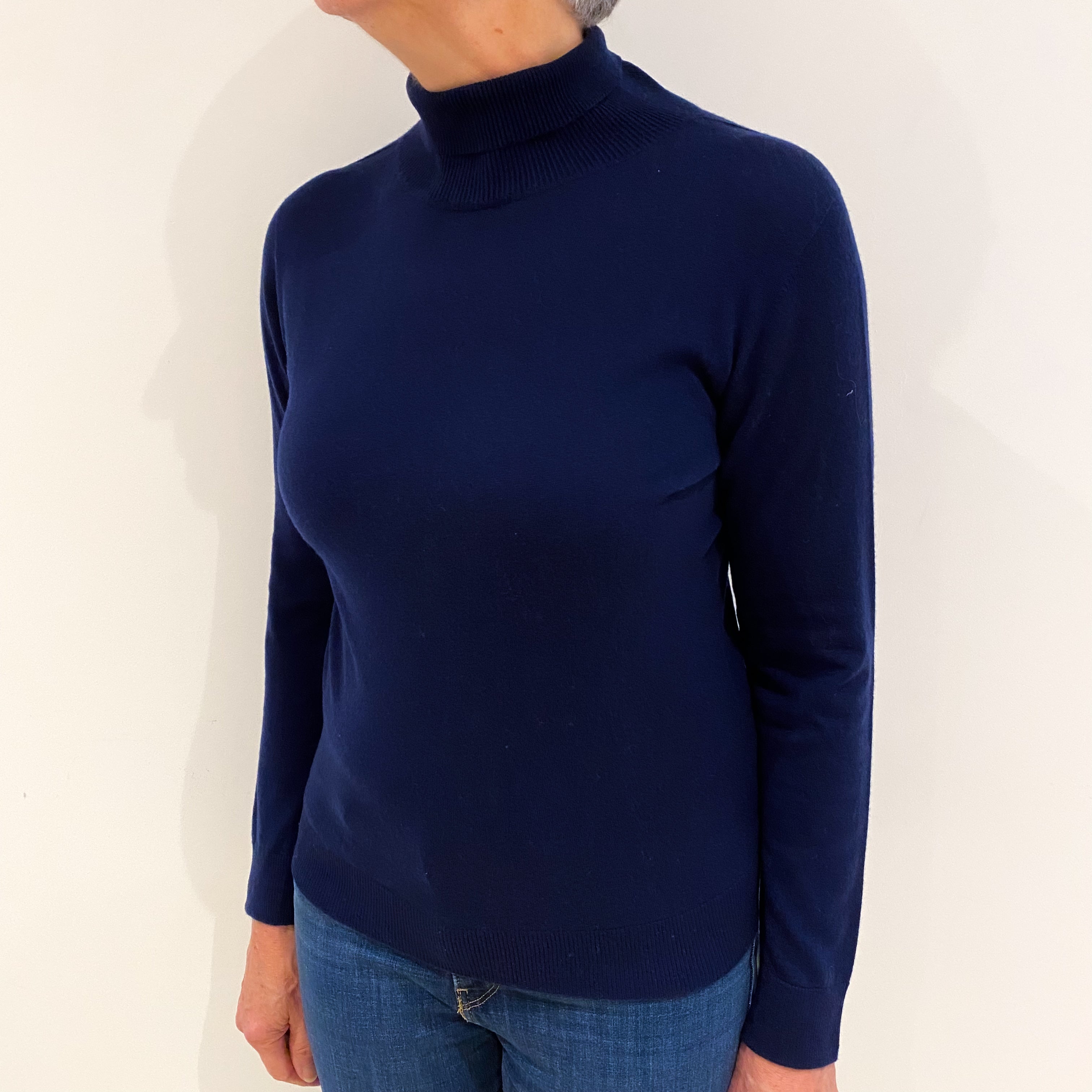 New Scottish Midnight Blue Cashmere Polo Neck Jumper Medium