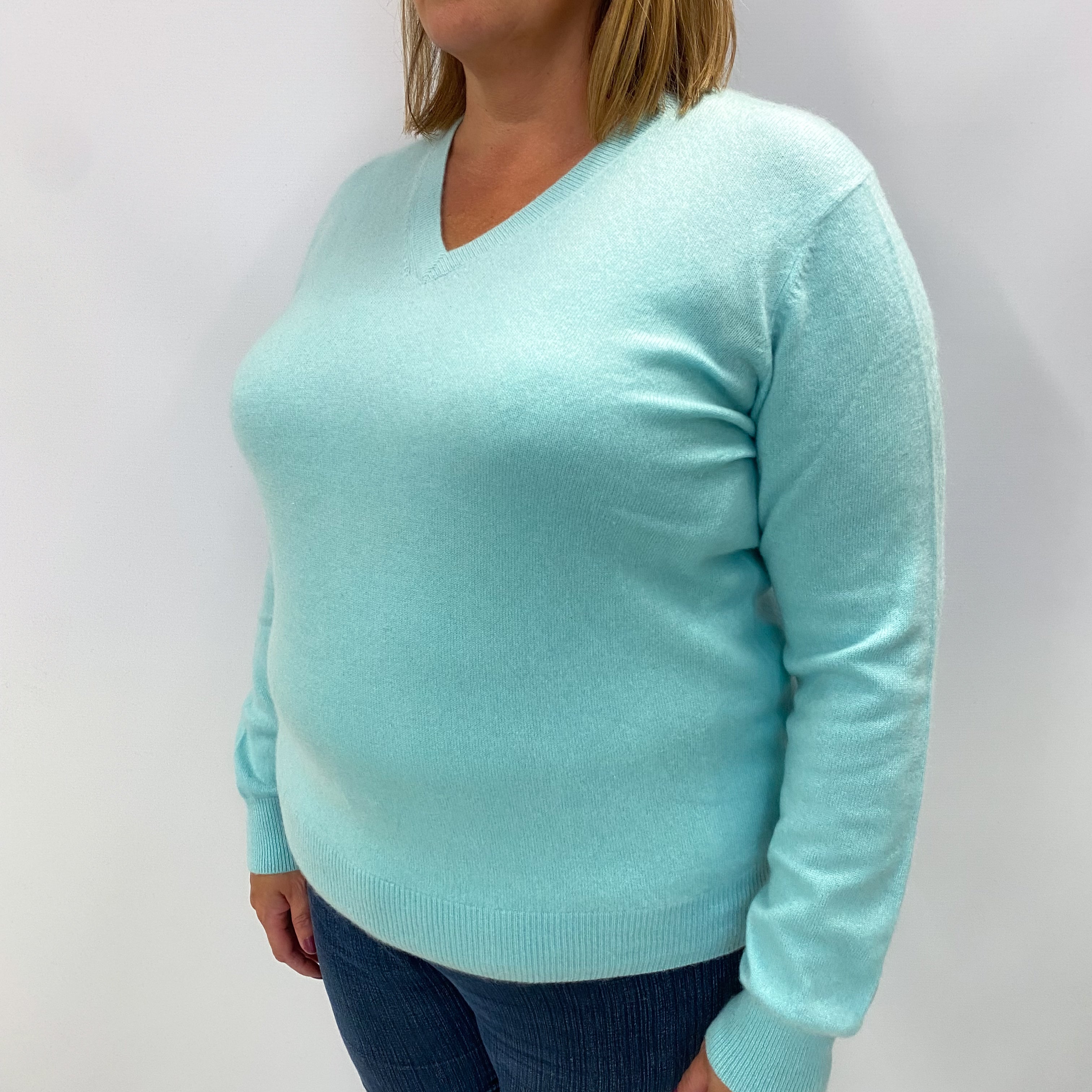 Mint Blue Cashmere V Neck Jumper Extra Large