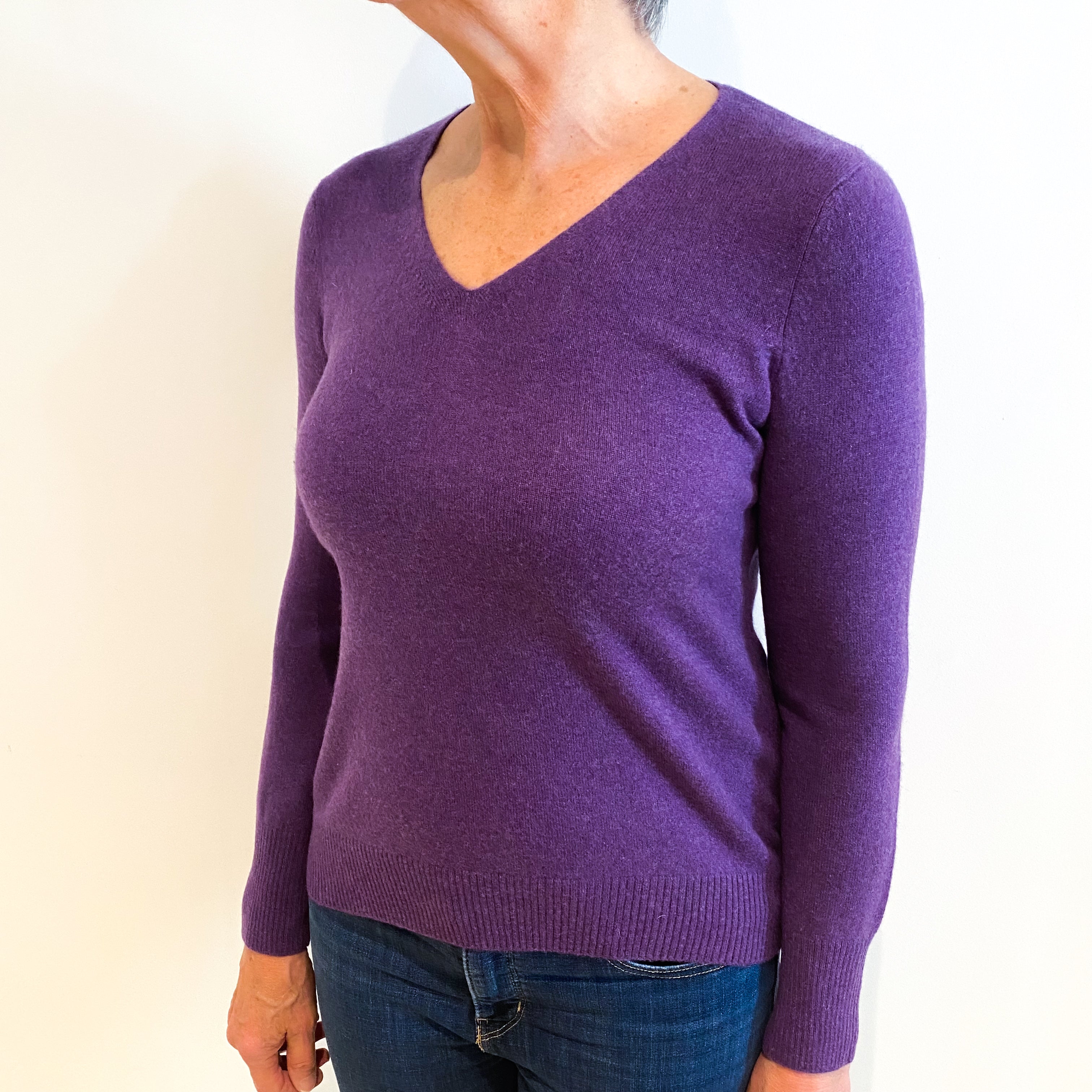 Grape Purple Cashmere V Neck Jumper Medium