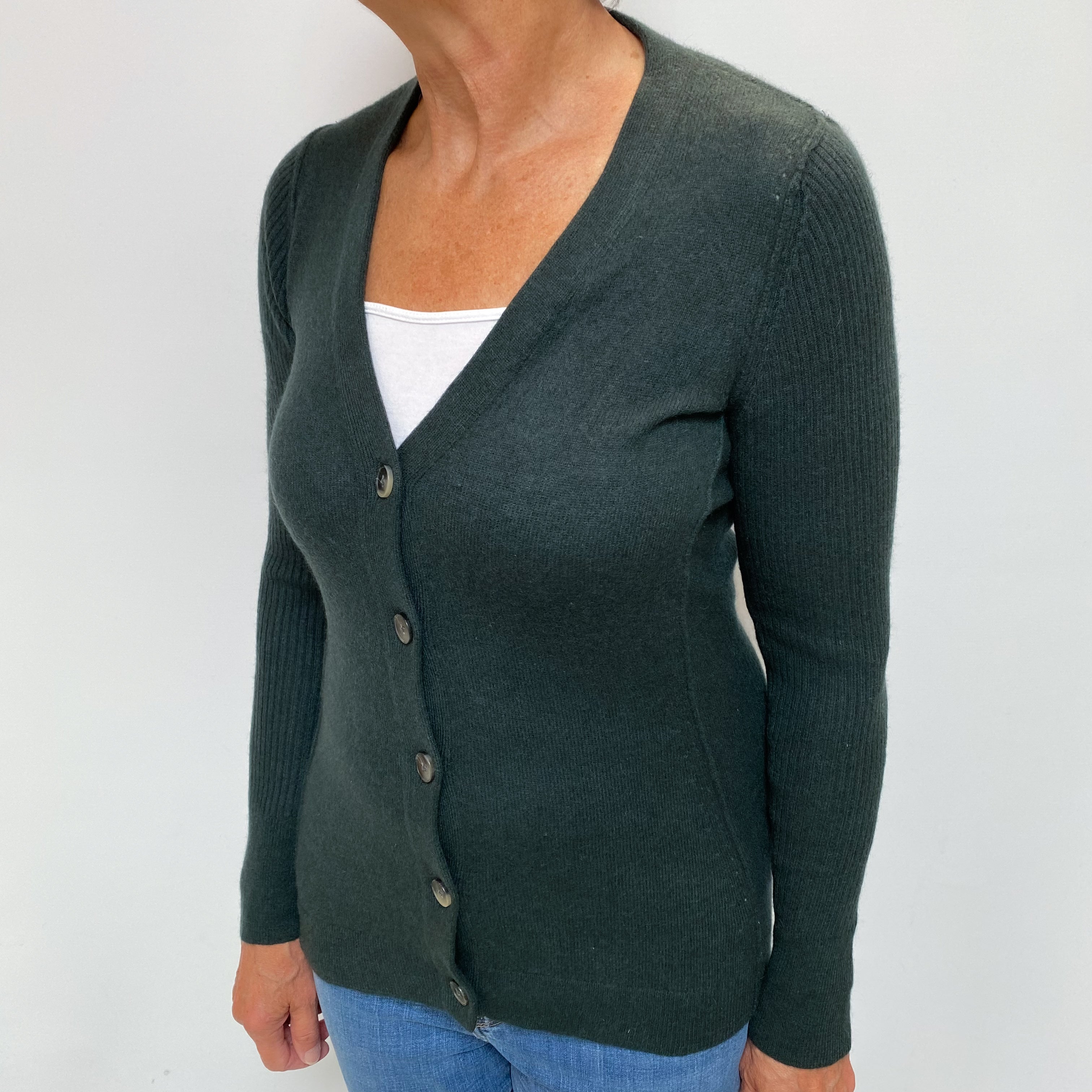 Deep Forest Green Cashmere V Neck Cardigan Medium