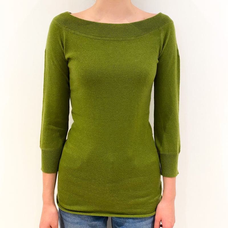 Moss Green 3/4 Sleeve Cashmere Crew Neck Jumper Extra Small