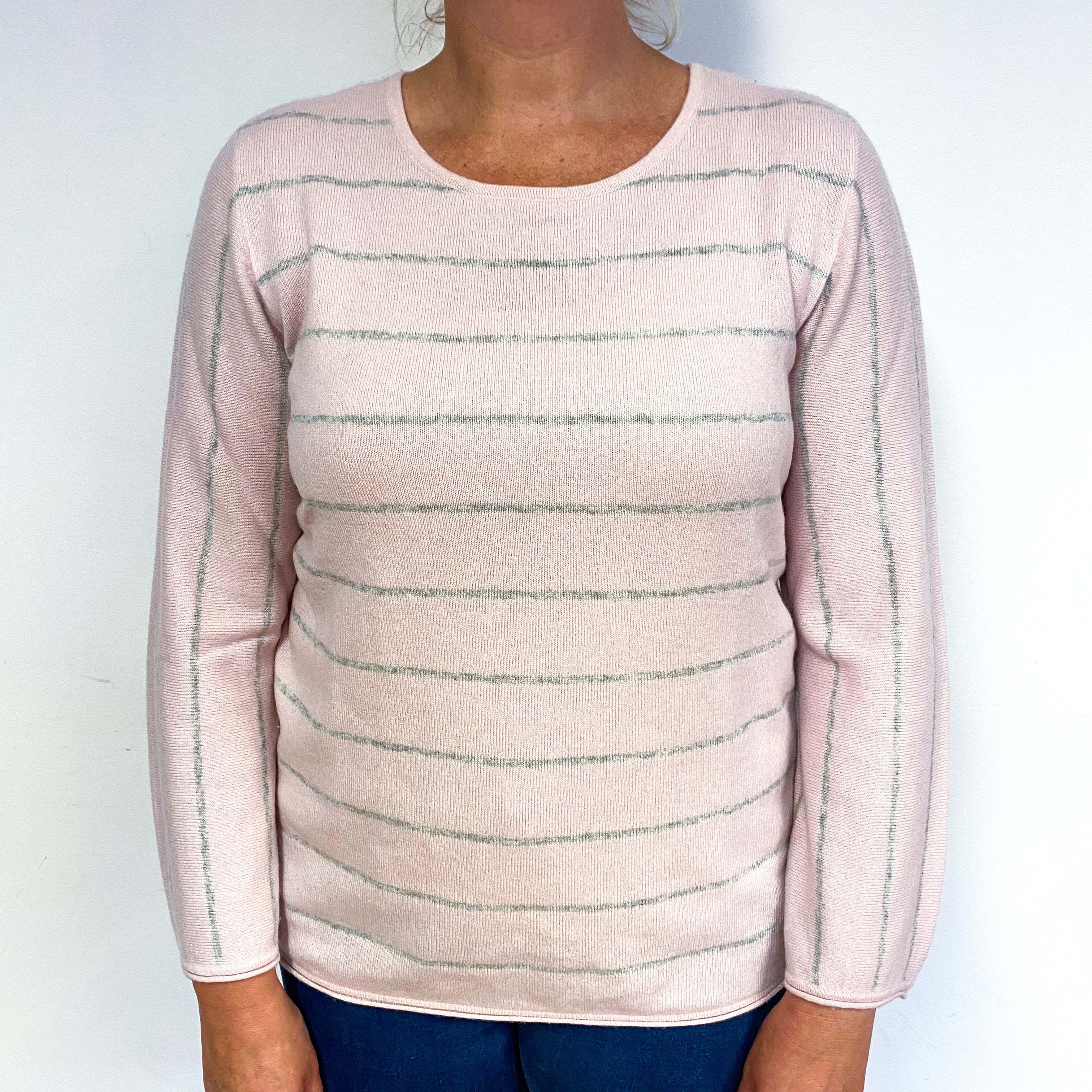 Pale Pink Grey Stripe Cashmere Crew Neck Jumper Large