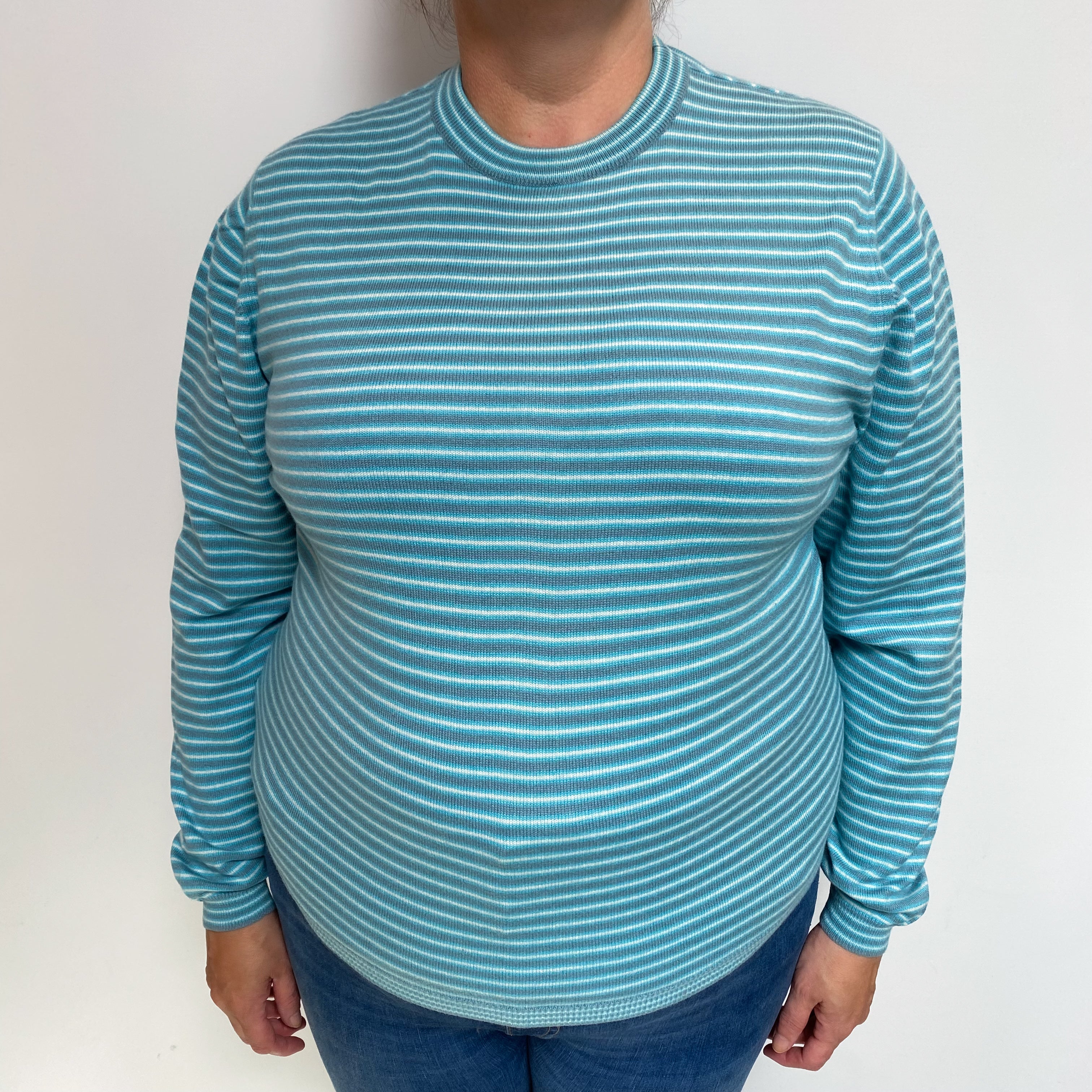 Italian Aqua Blue Stripe Cashmere Crew Neck Jumper Extra Large