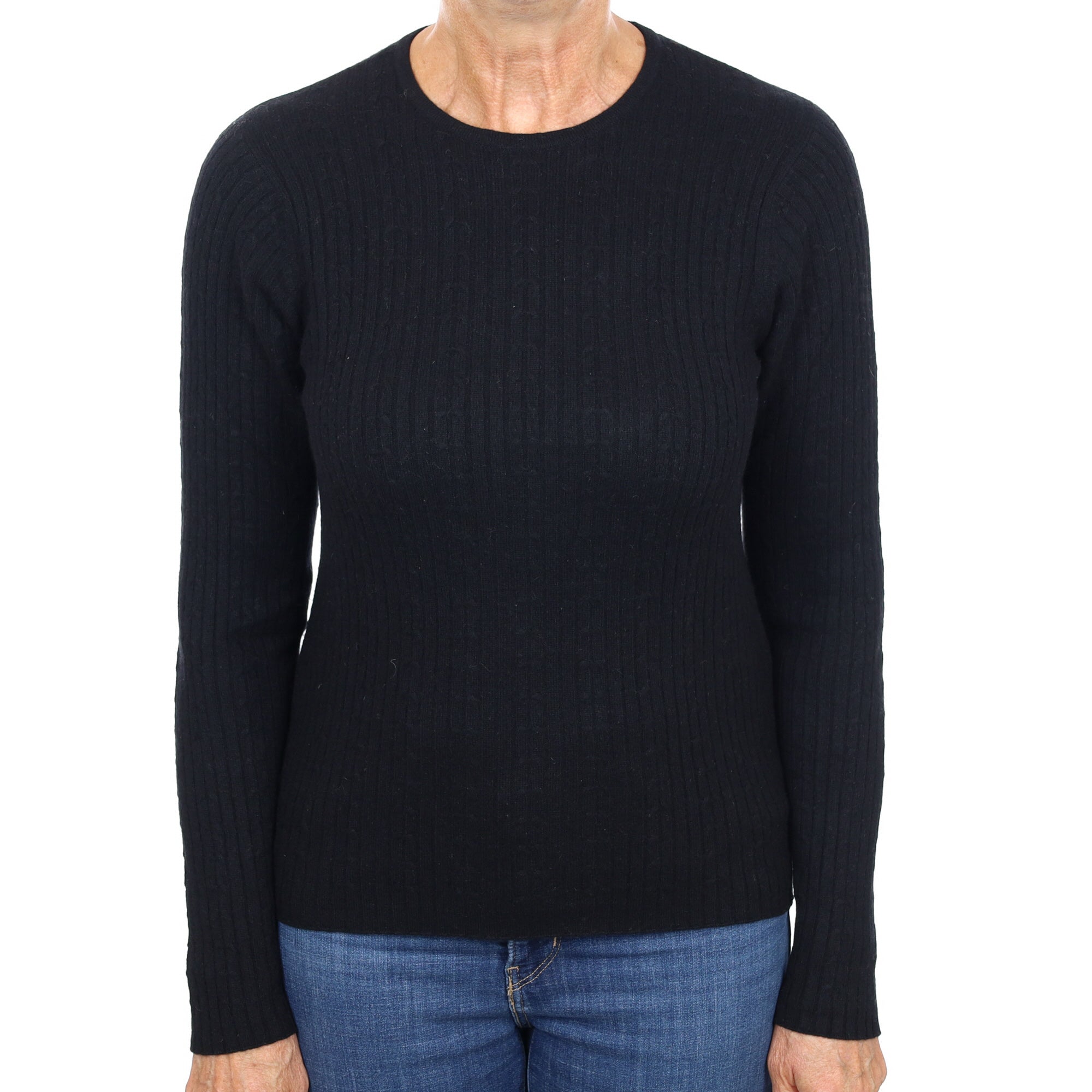 Black Cashmere Crew Neck Cable Knit Jumper Medium