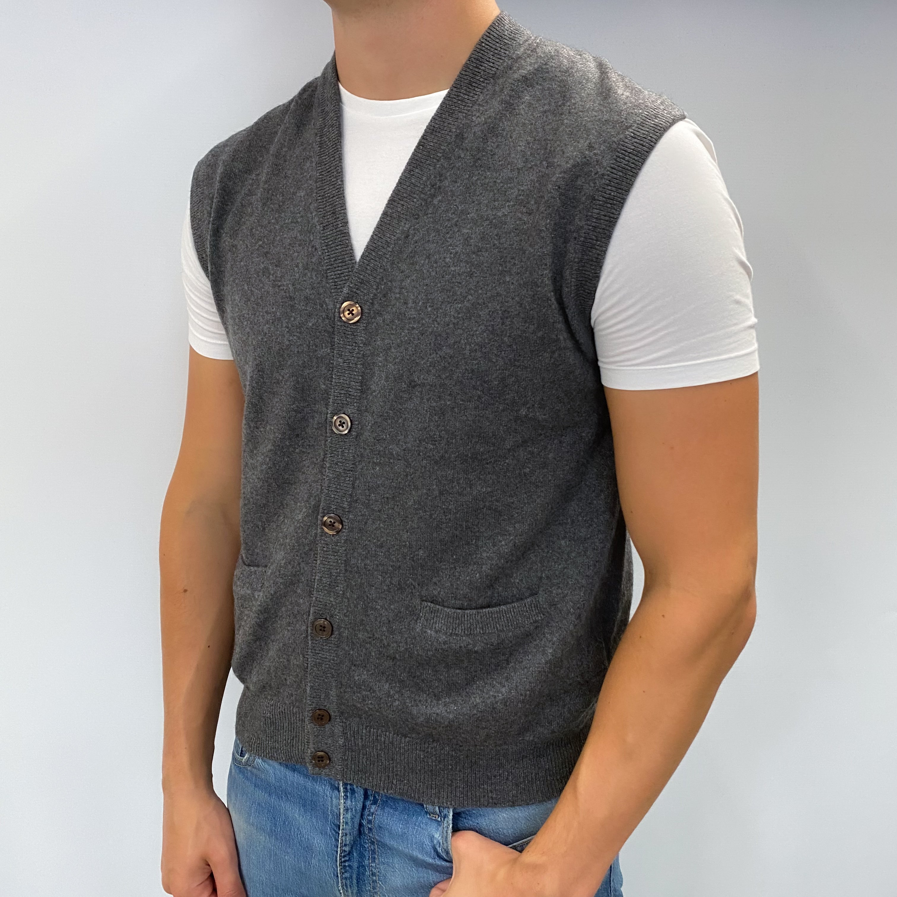 Men's Slate Grey Cashmere V Neck Sleeveless Cardigan XL