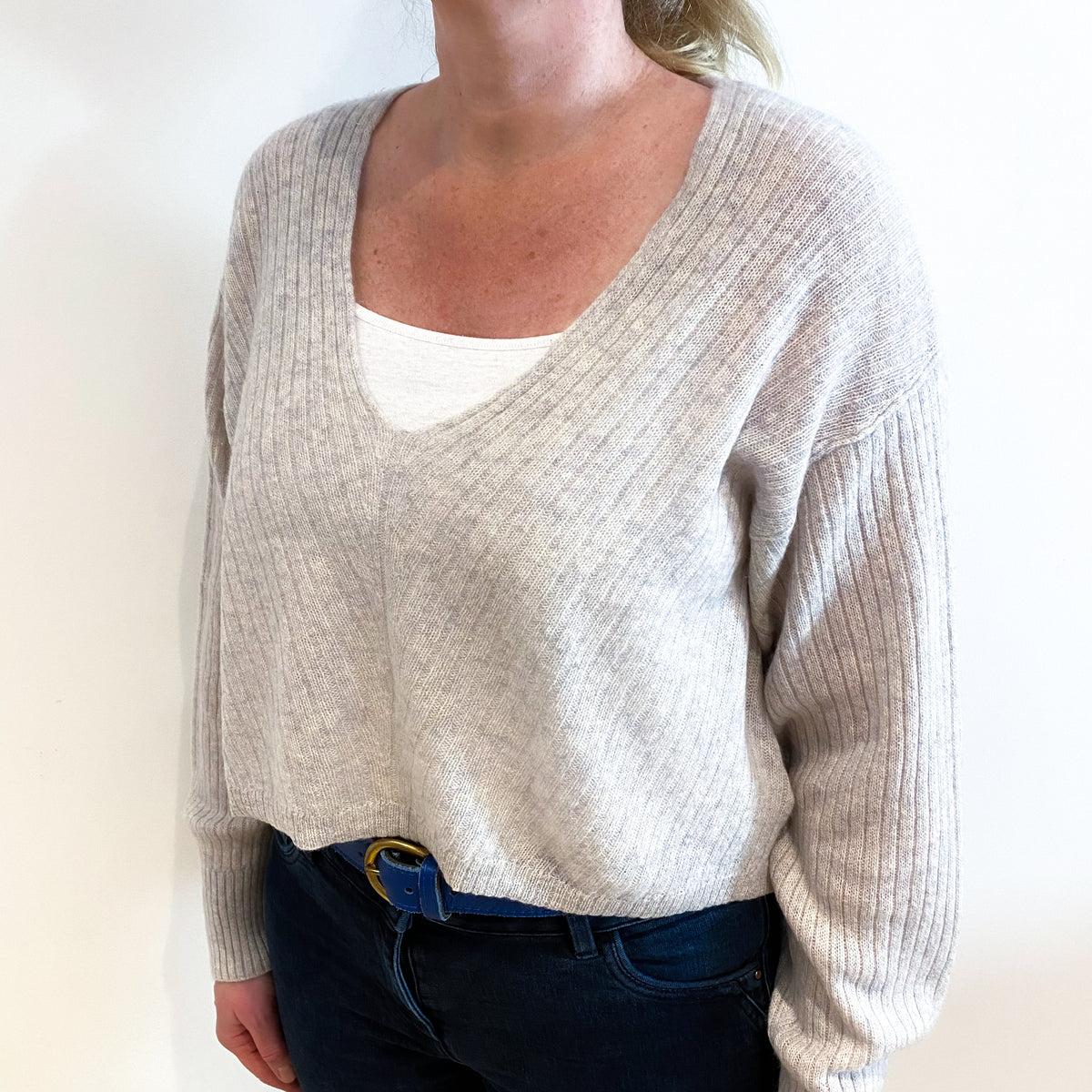 Frost Grey Cashmere V Neck Jumper Large
