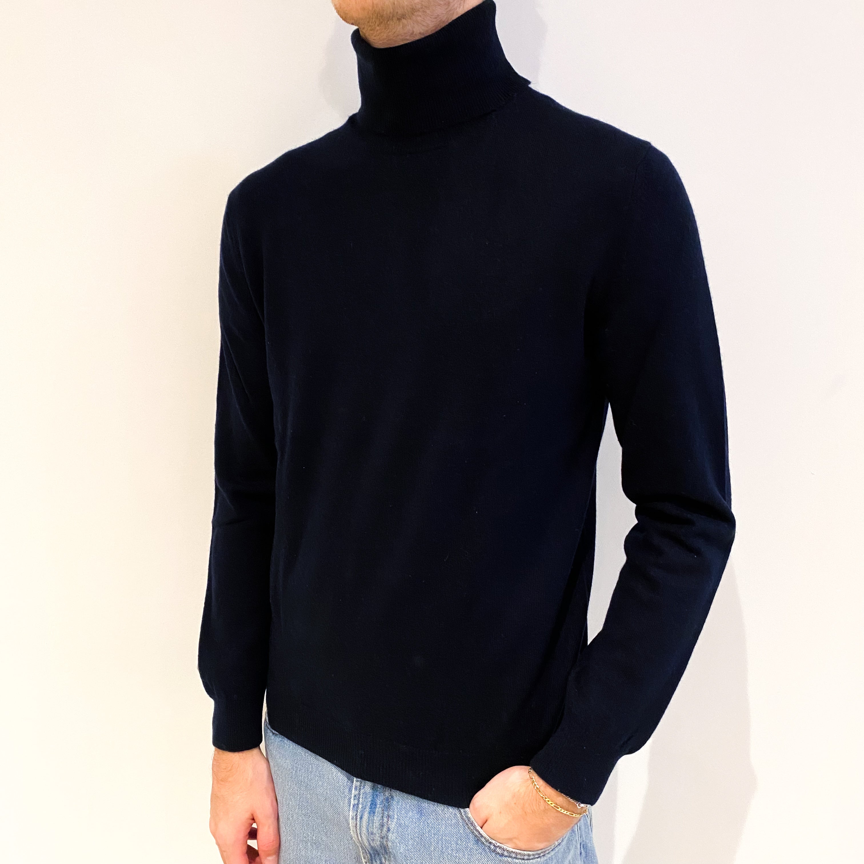Men's Dark Navy Blue Cashmere Polo Neck Jumper Medium