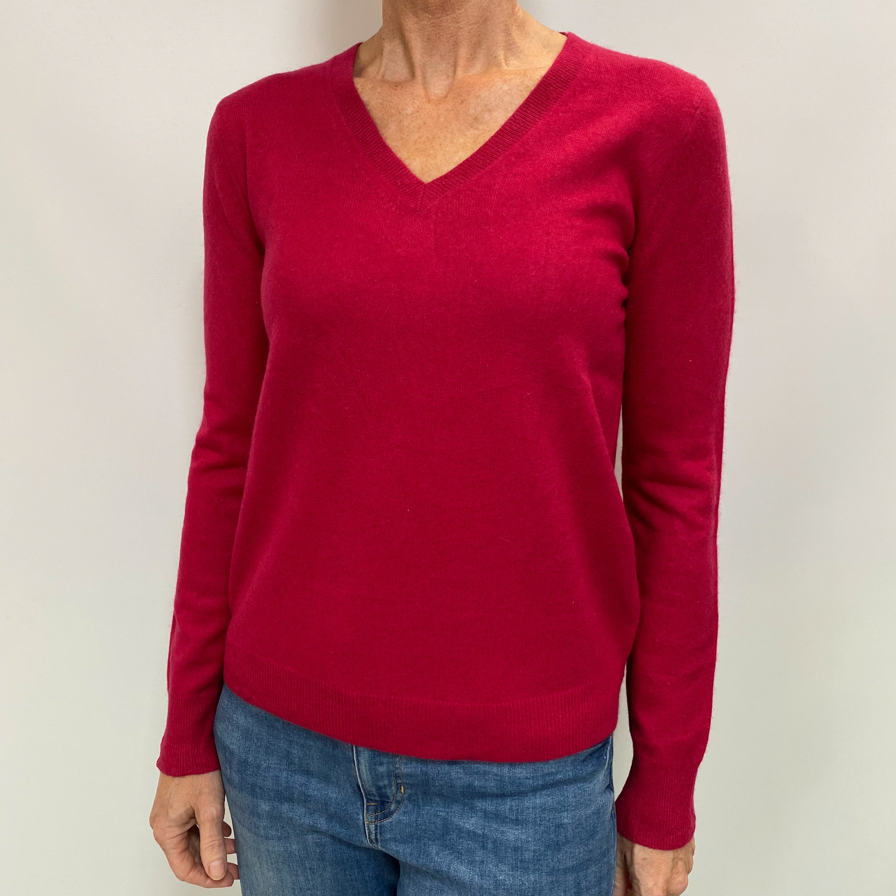 Cherry Red Cashmere V Neck Jumper Small