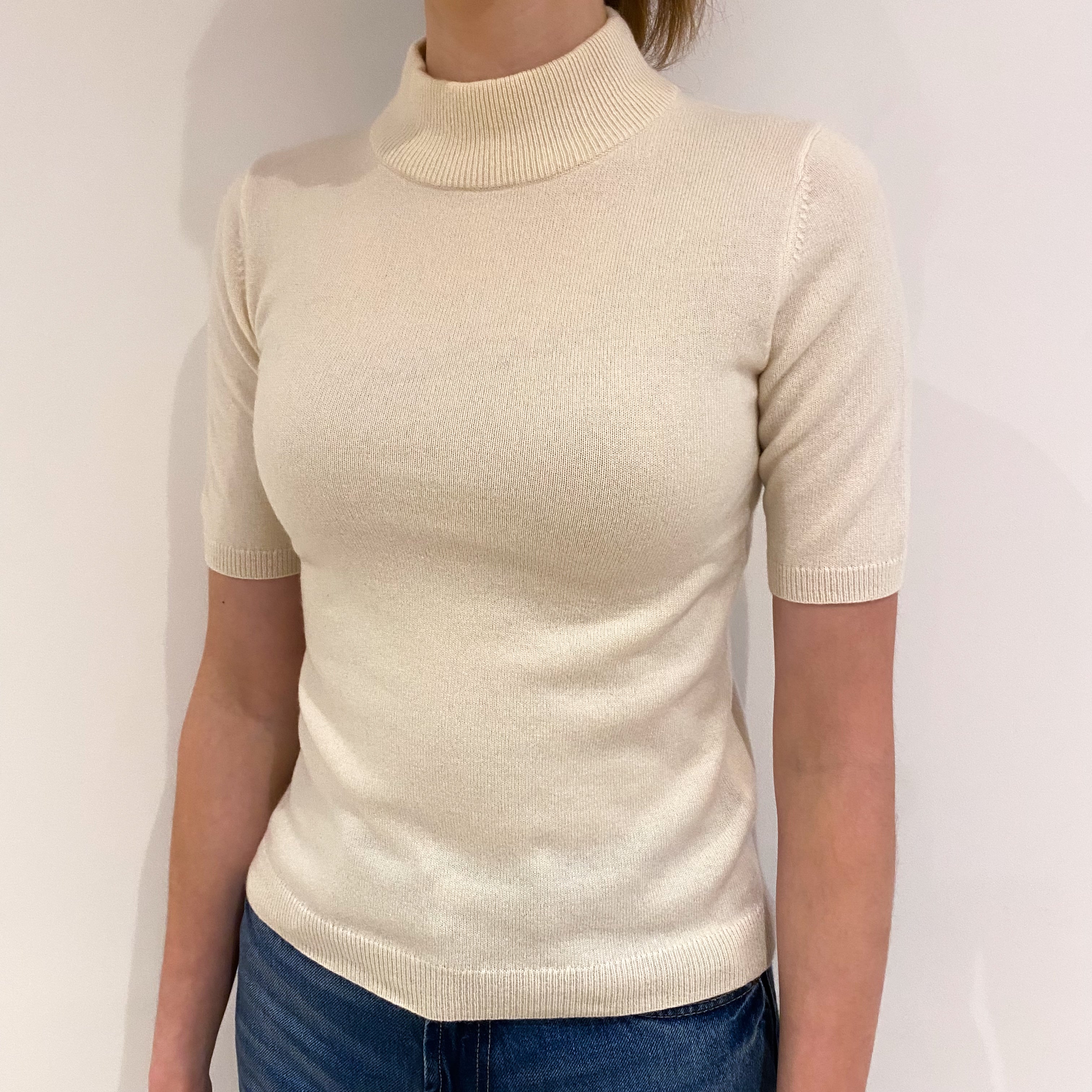 Ivory Cashmere Short Sleeve Turtle Neck Jumper Extra Small
