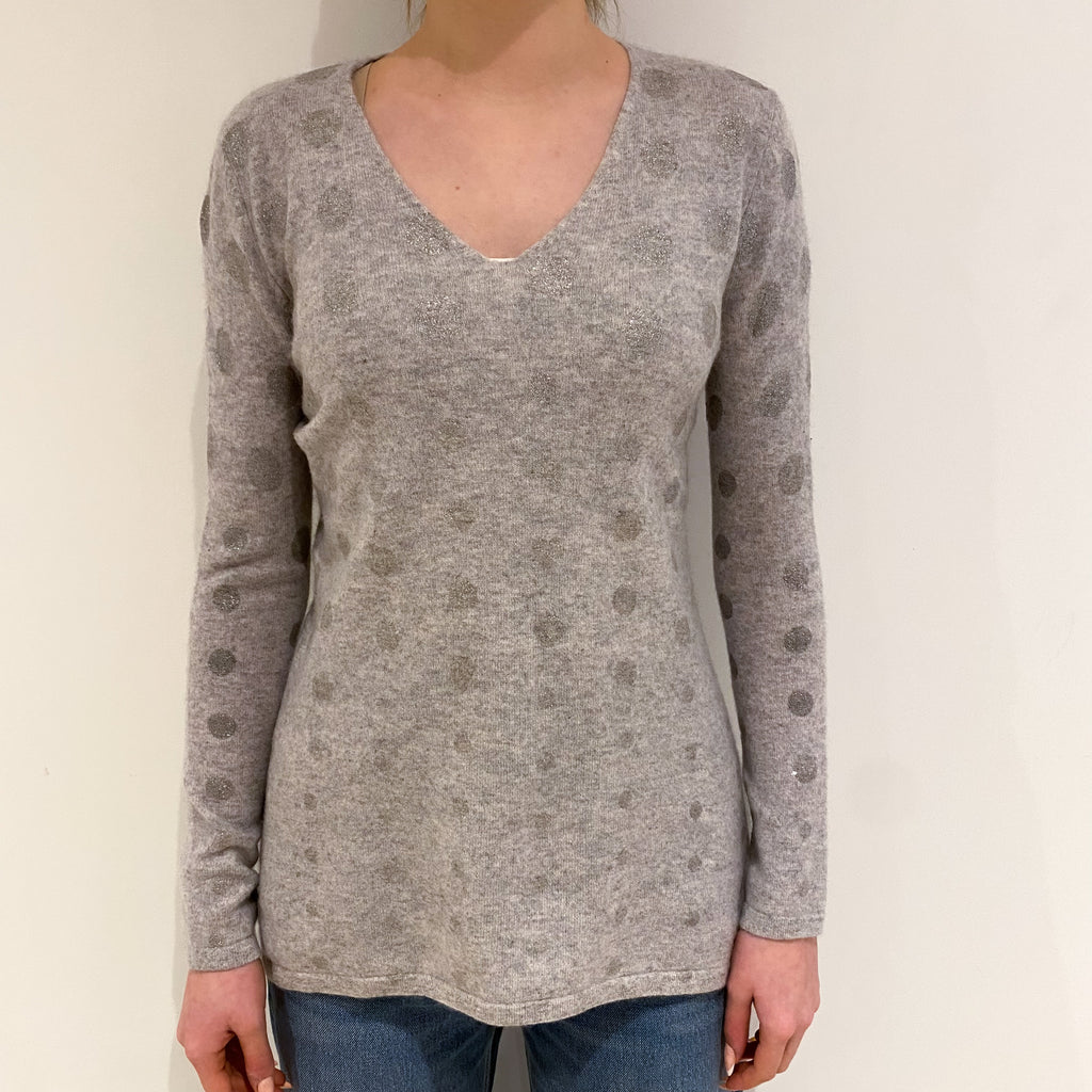 Mist Grey Sparkly Cashmere V Neck Jumper Extra Small