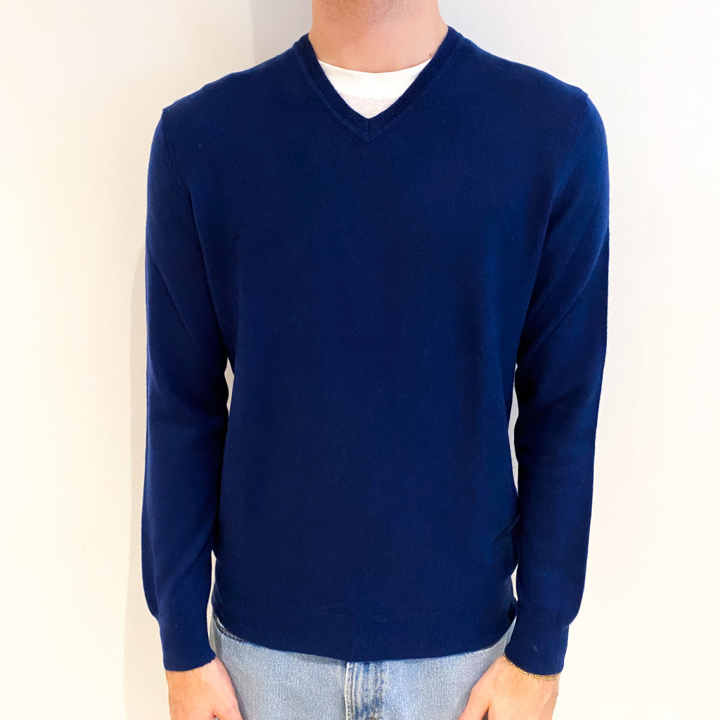 Men's French Navy Cashmere V Neck Jumper Medium