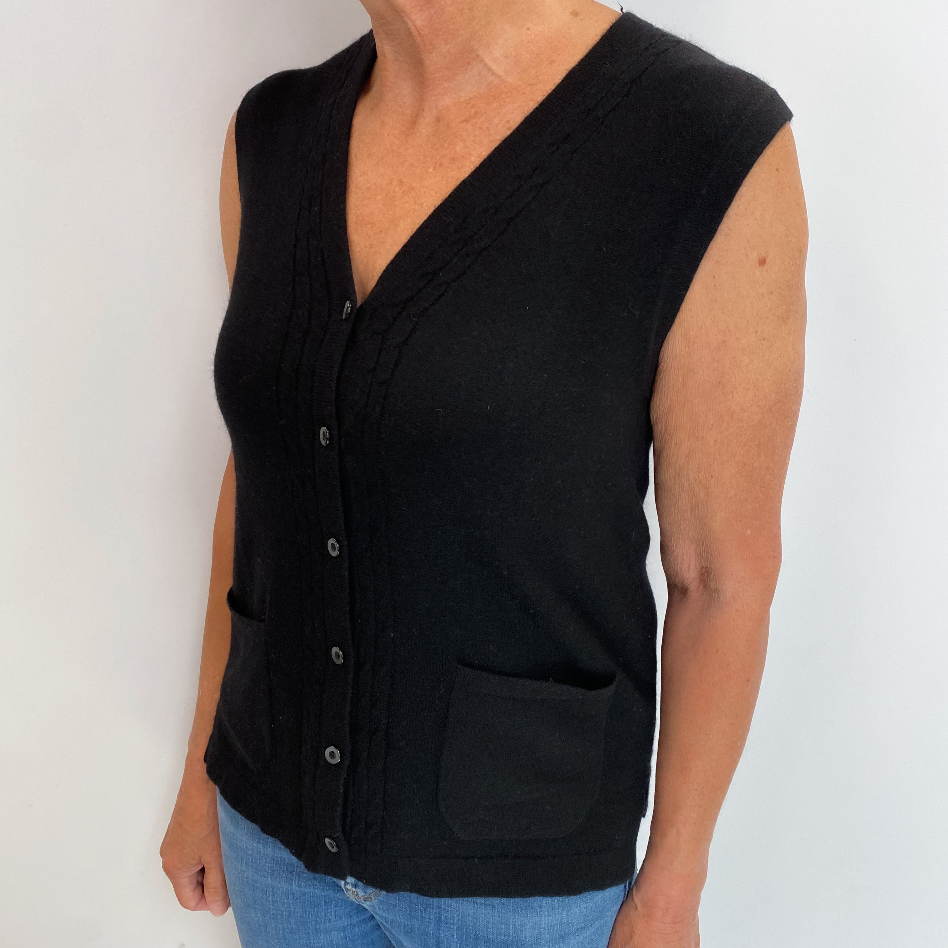 Black Cashmere V Neck Sleeveless Cardigan Medium