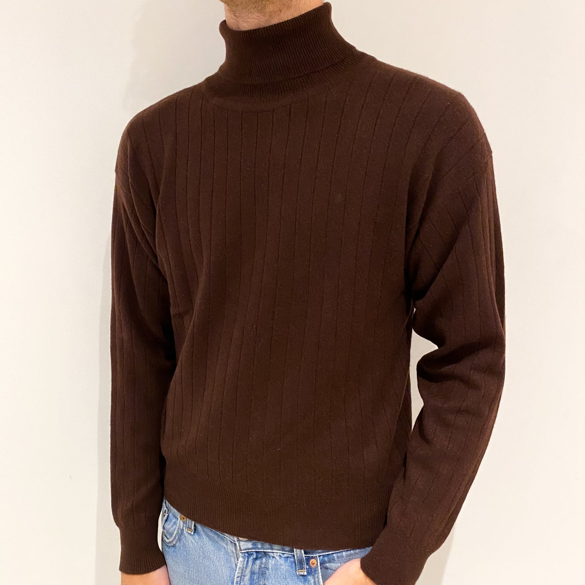 Men's Chocolate Brown Cashmere Polo Neck Jumper Large