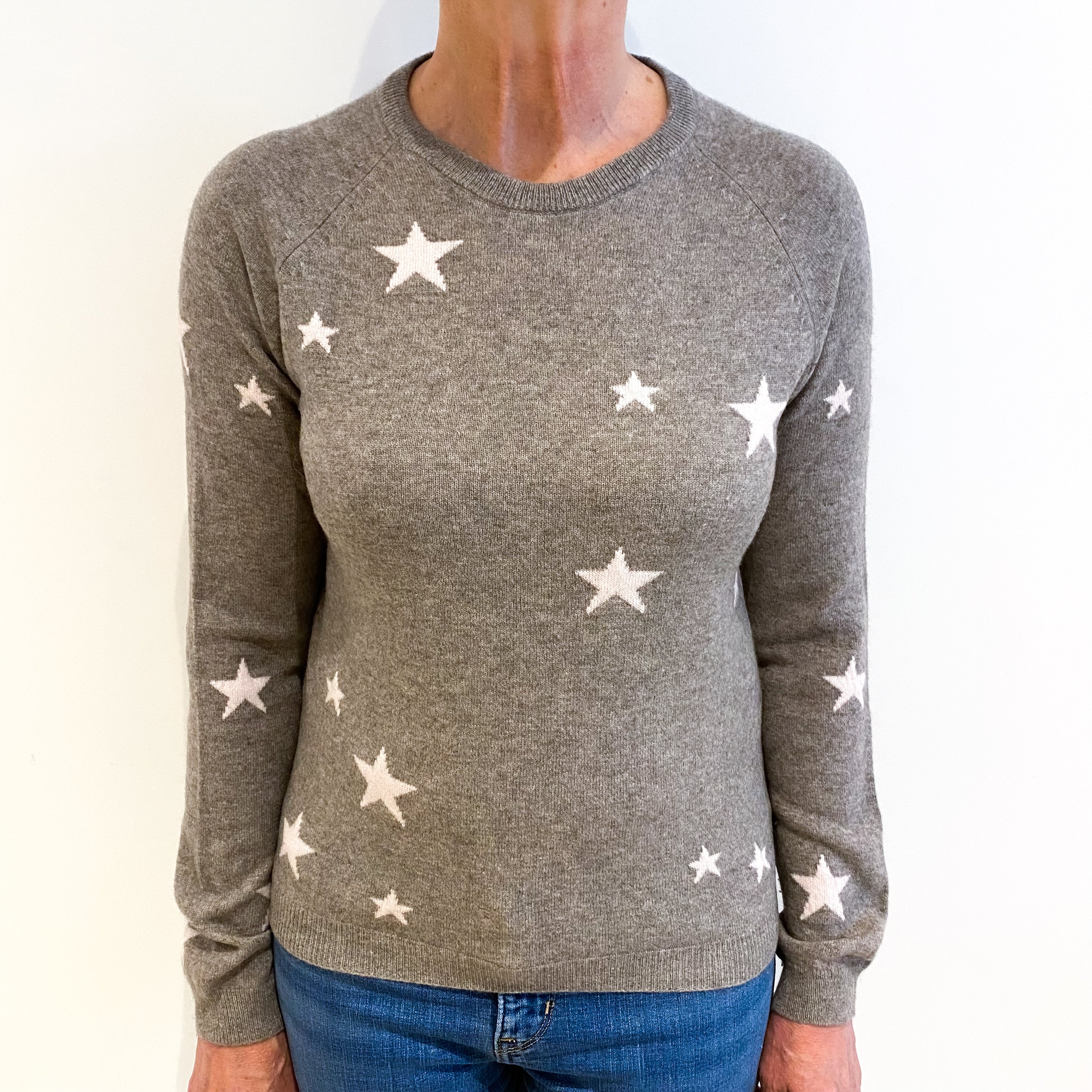 Fawn Beige With Pink Stars Cashmere Crew Neck Jumper Medium