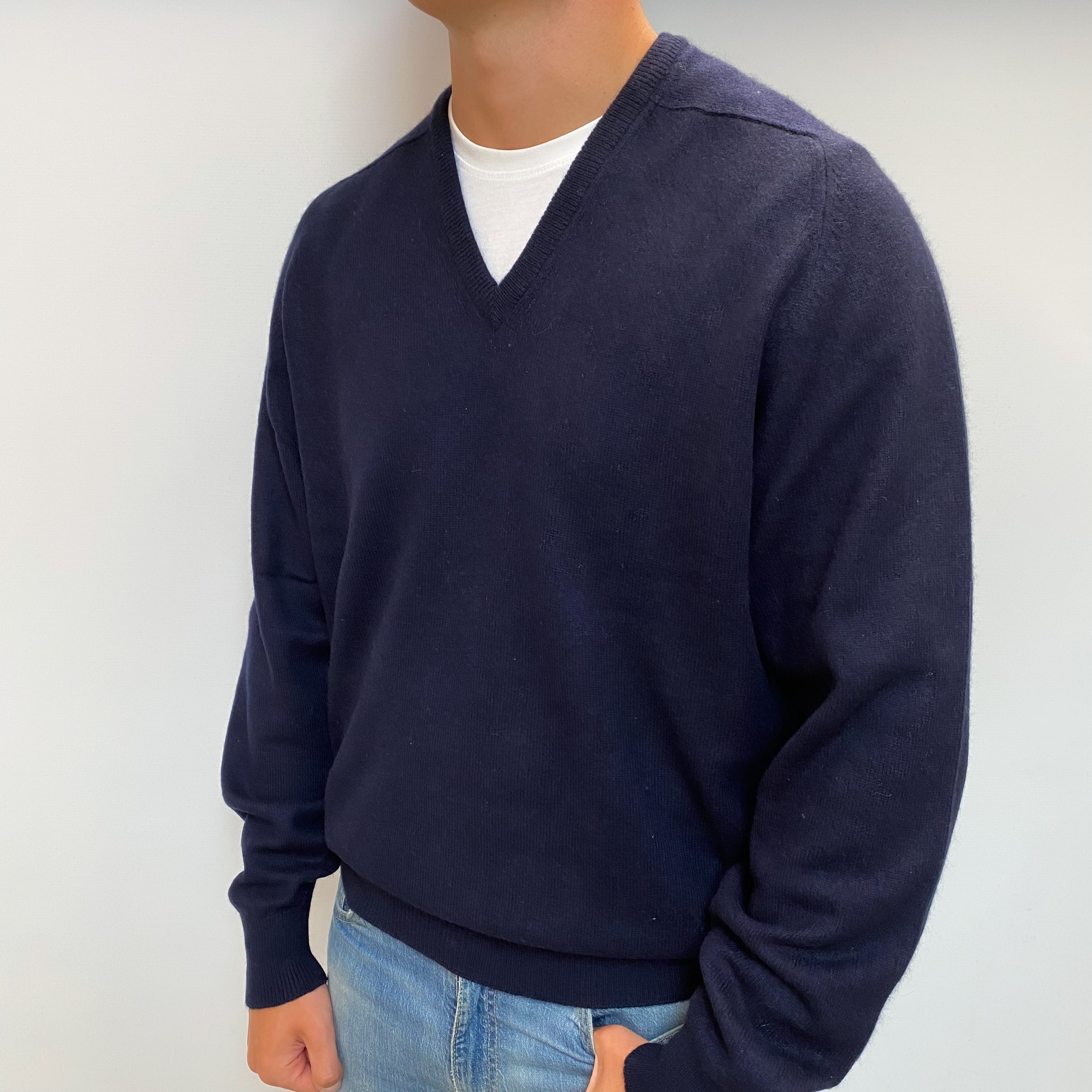 Men's Navy Blue Cashmere V Neck Jumper XXL