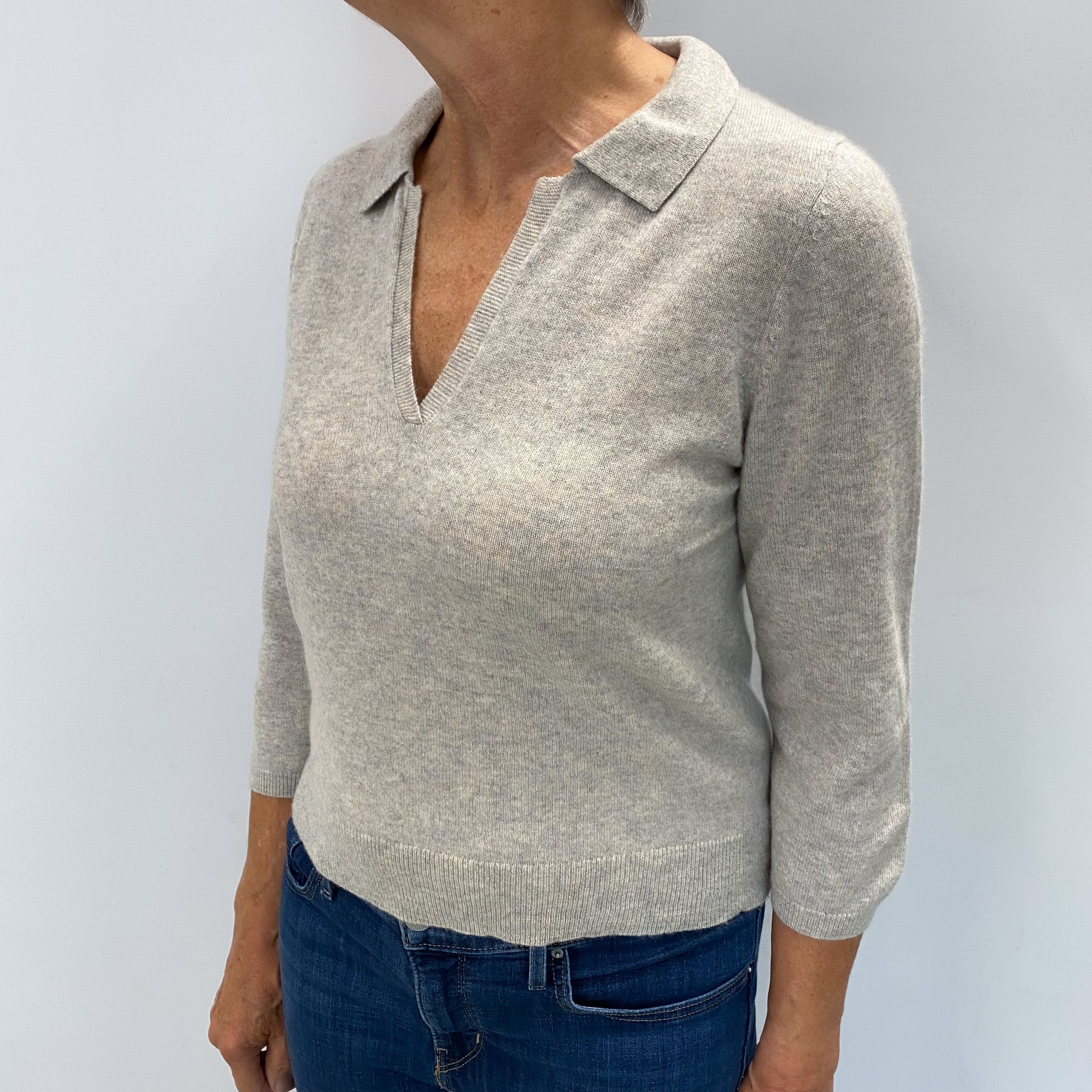 Poetry Dusty Grey Cashmere Collared V Neck Jumper Medium