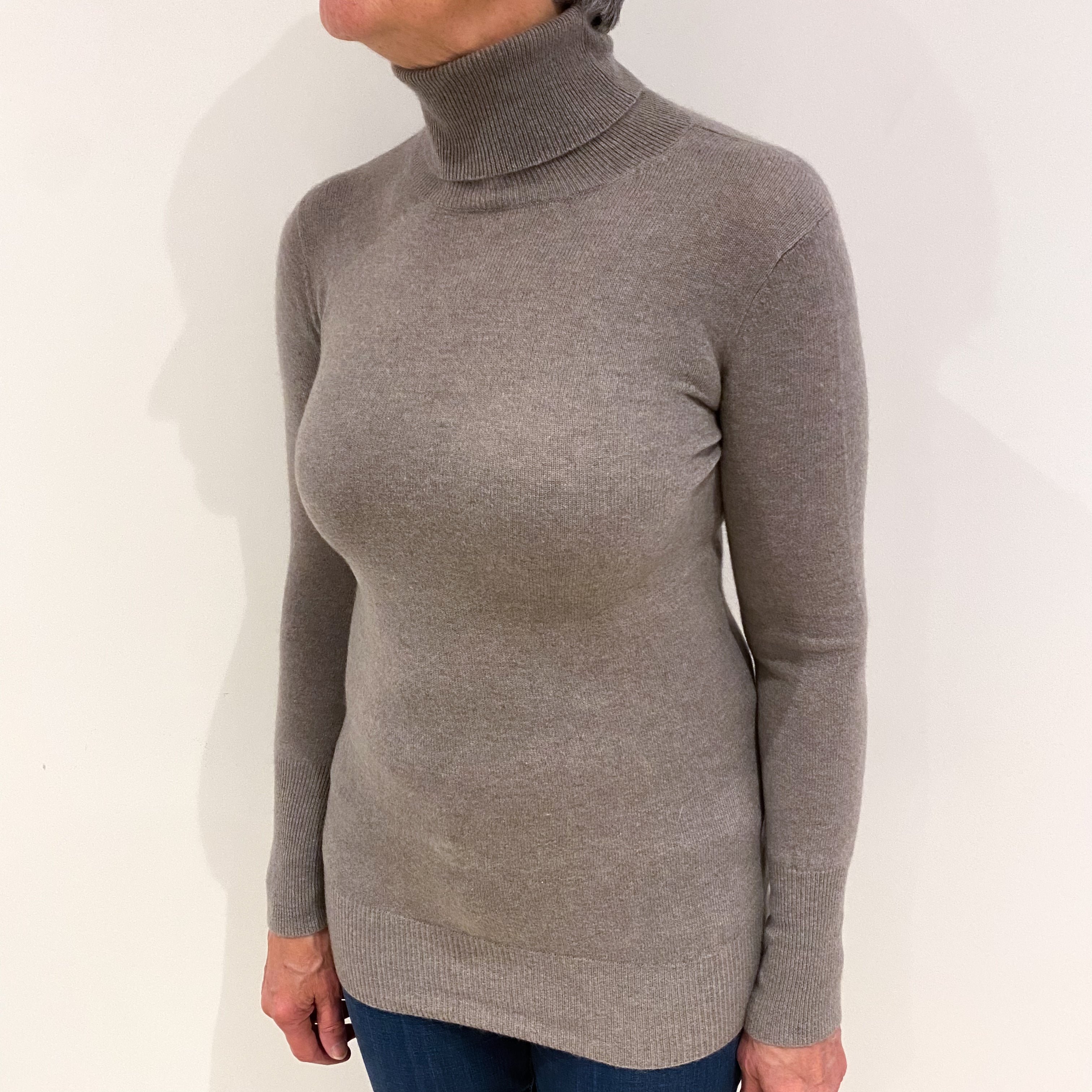 Mink Grey Cashmere Polo Neck Jumper Medium