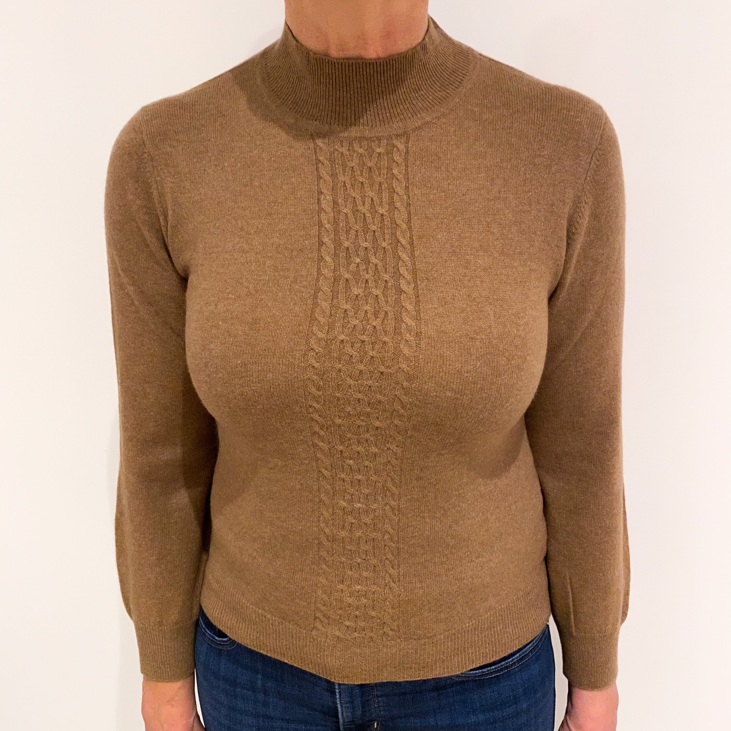 Toffee Brown Cable Detail Cashmere Turtle Neck Jumper Medium