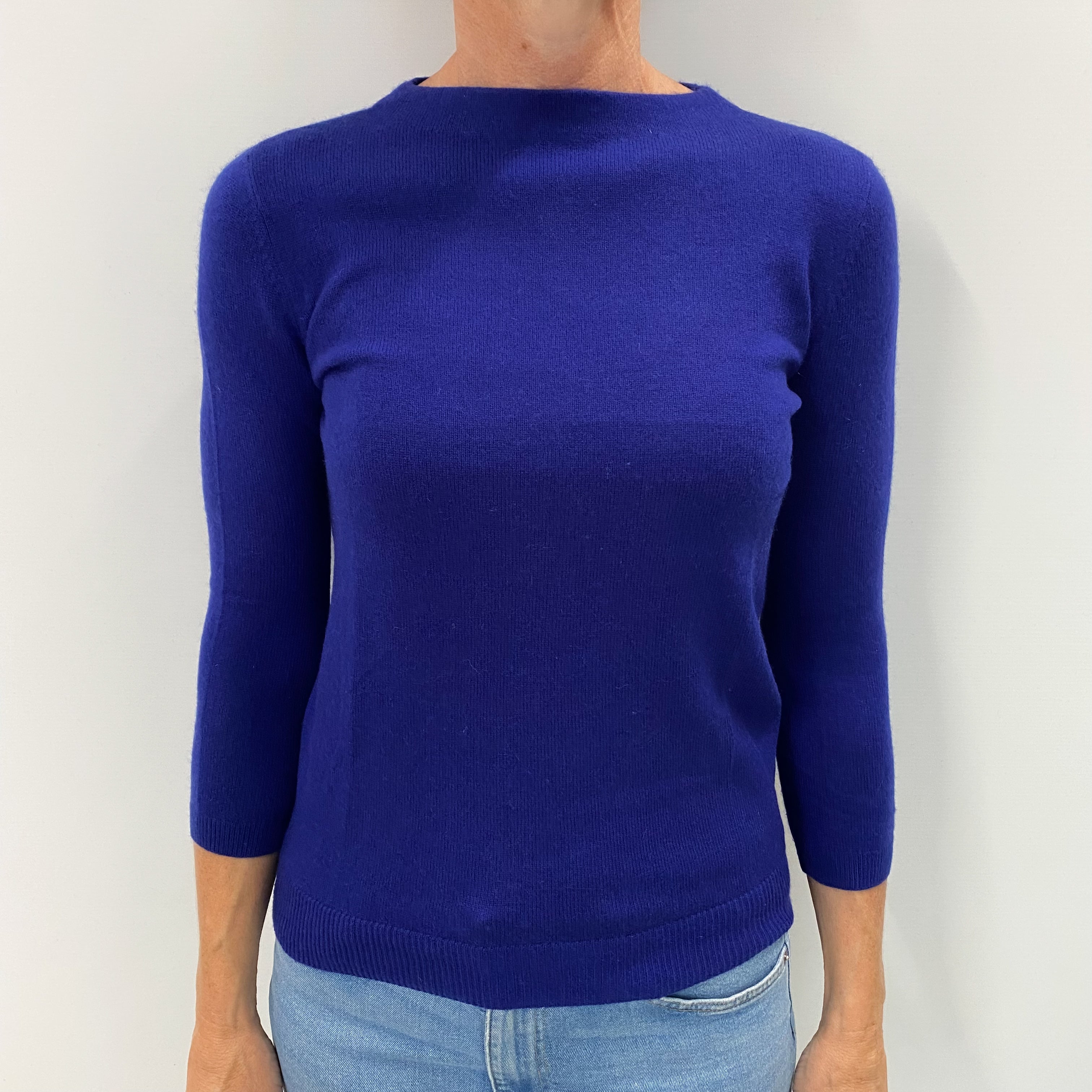 Indigo Blue Cashmere 3/4 Sleeve Boat Neck Jumper Small