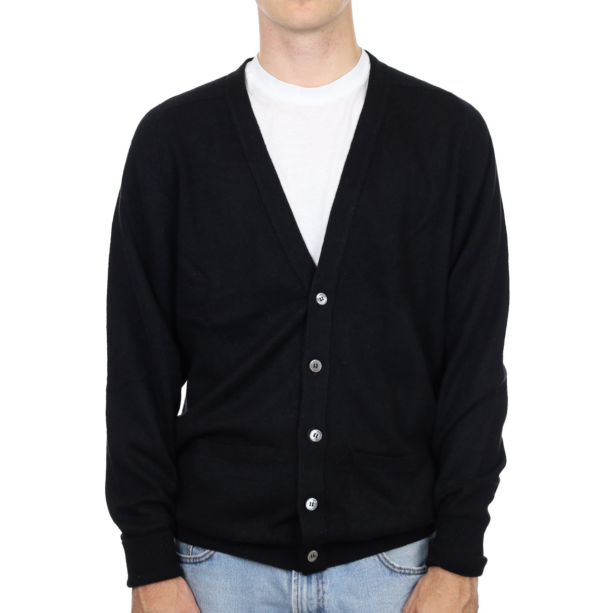 Men's Scottish Black Cashmere V Neck Cardigan Large