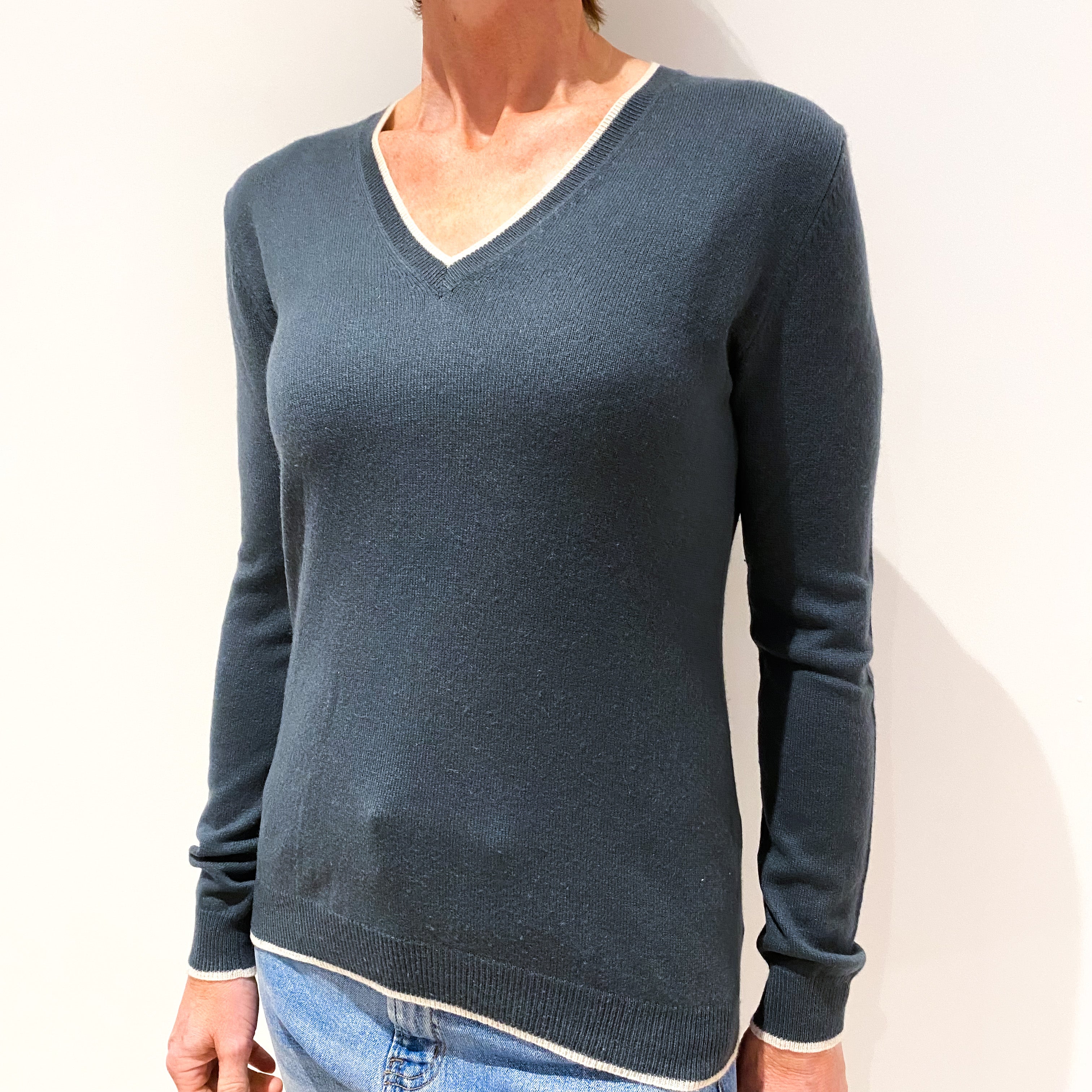 Slate Grey with Cream Edging Cashmere V-Neck Jumper Small