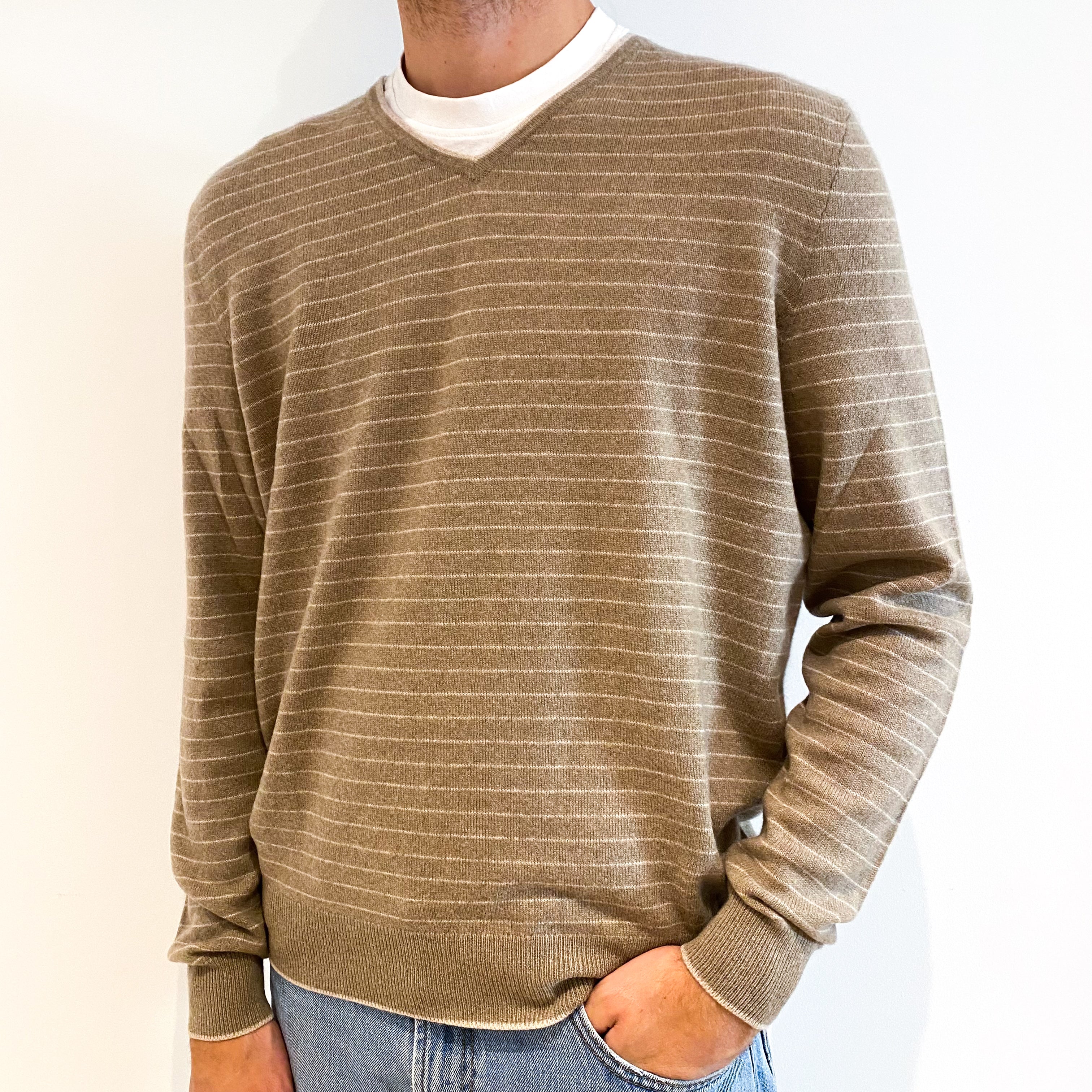 Men's Mocha Brown Stripe Cashmere V-Neck Jumper Large
