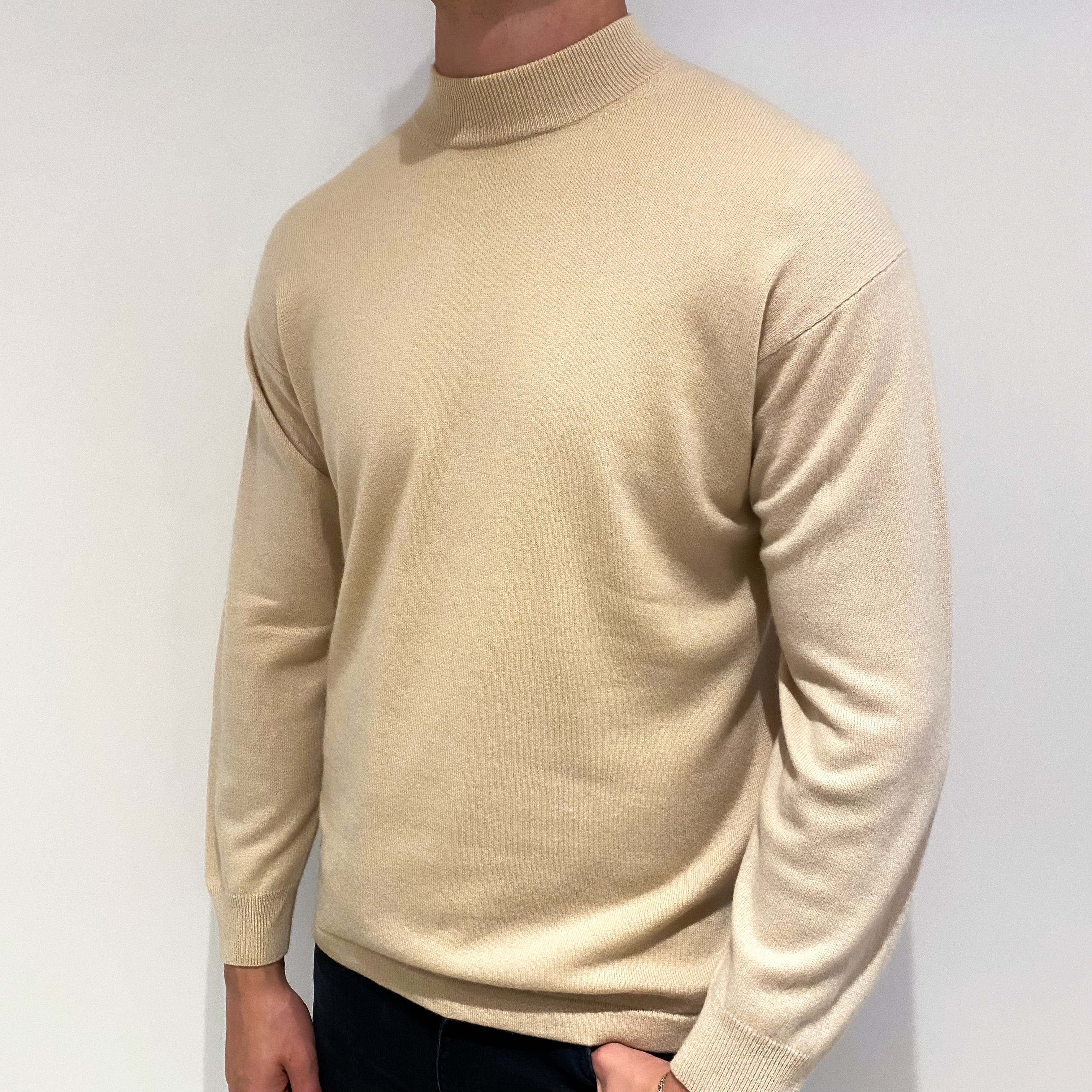 Men's Beige Cashmere Turtle Neck Jumper Extra Largw