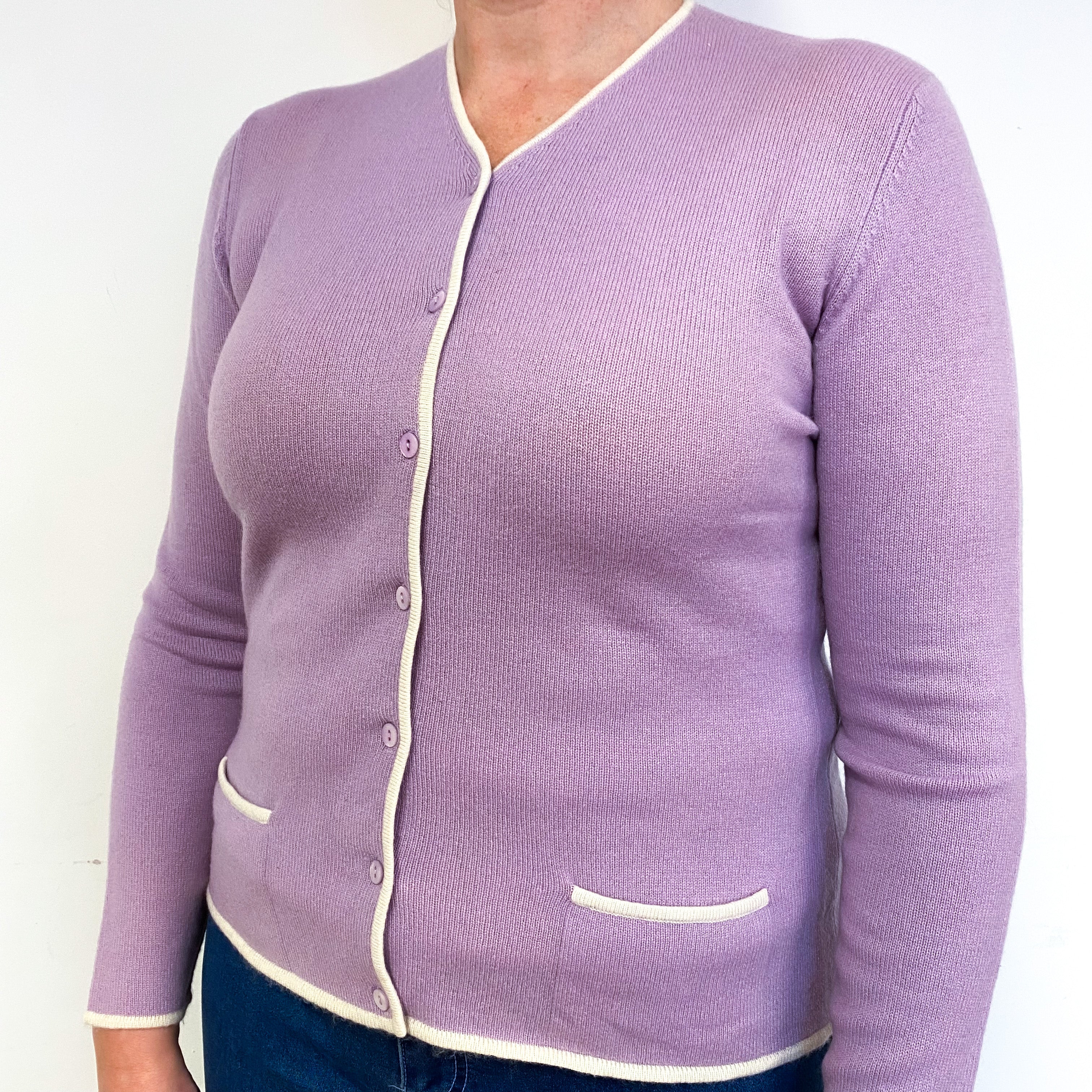 Lilac Purple Cream Trim Cashmere V-Neck Cardigan Large