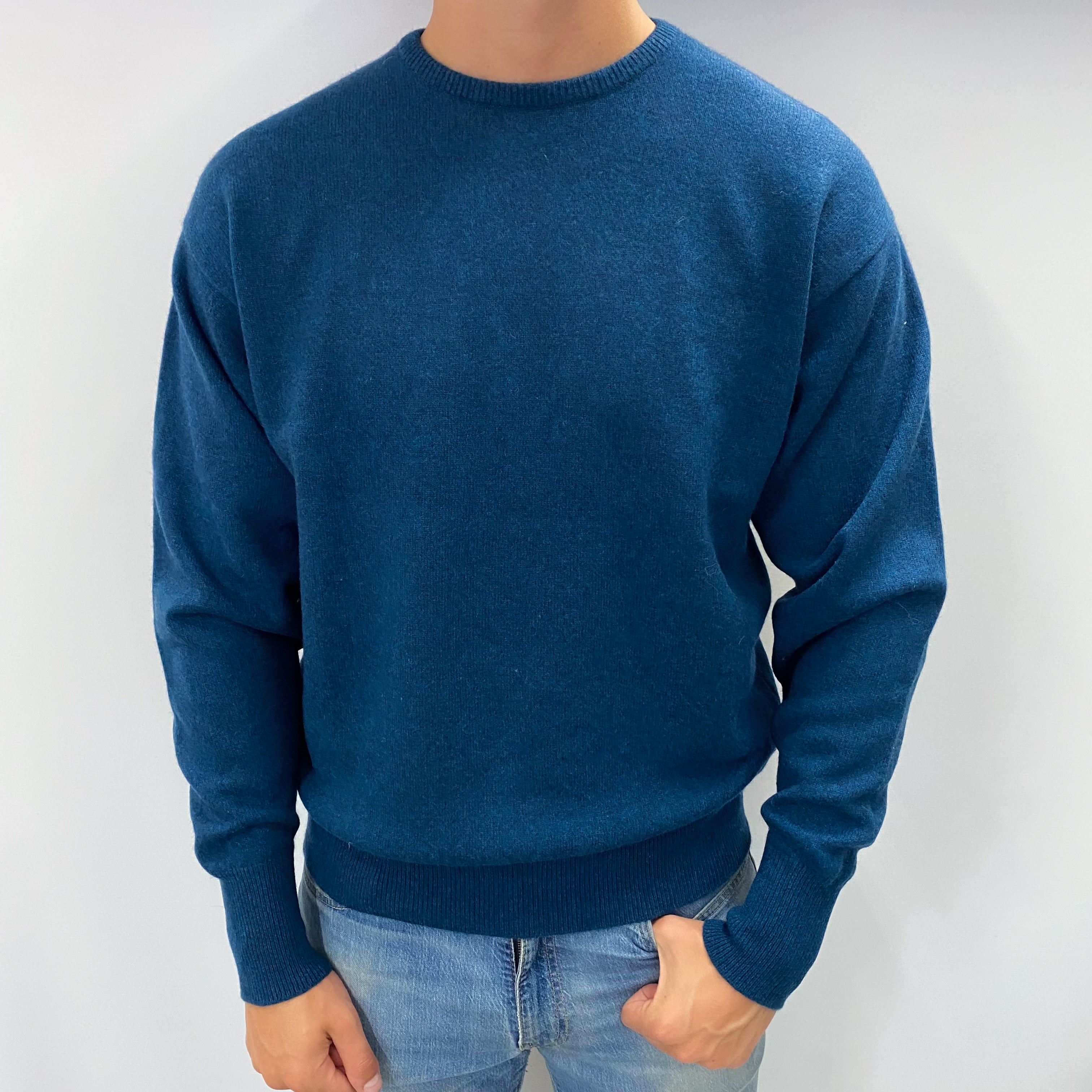 Men's Scottish Black Blue Marl Cashmere Crew Neck Jumper XL