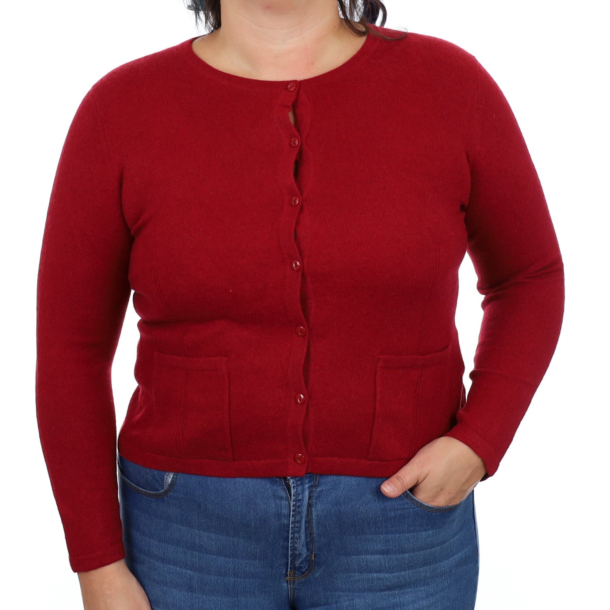 Crimson Red Cashmere Crew Neck Cardigan with Pockets Large