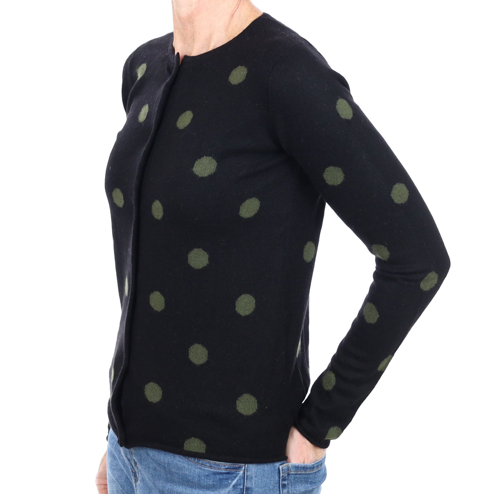 Black and Sage Spotted Cashmere Crew Neck Cardigan Small