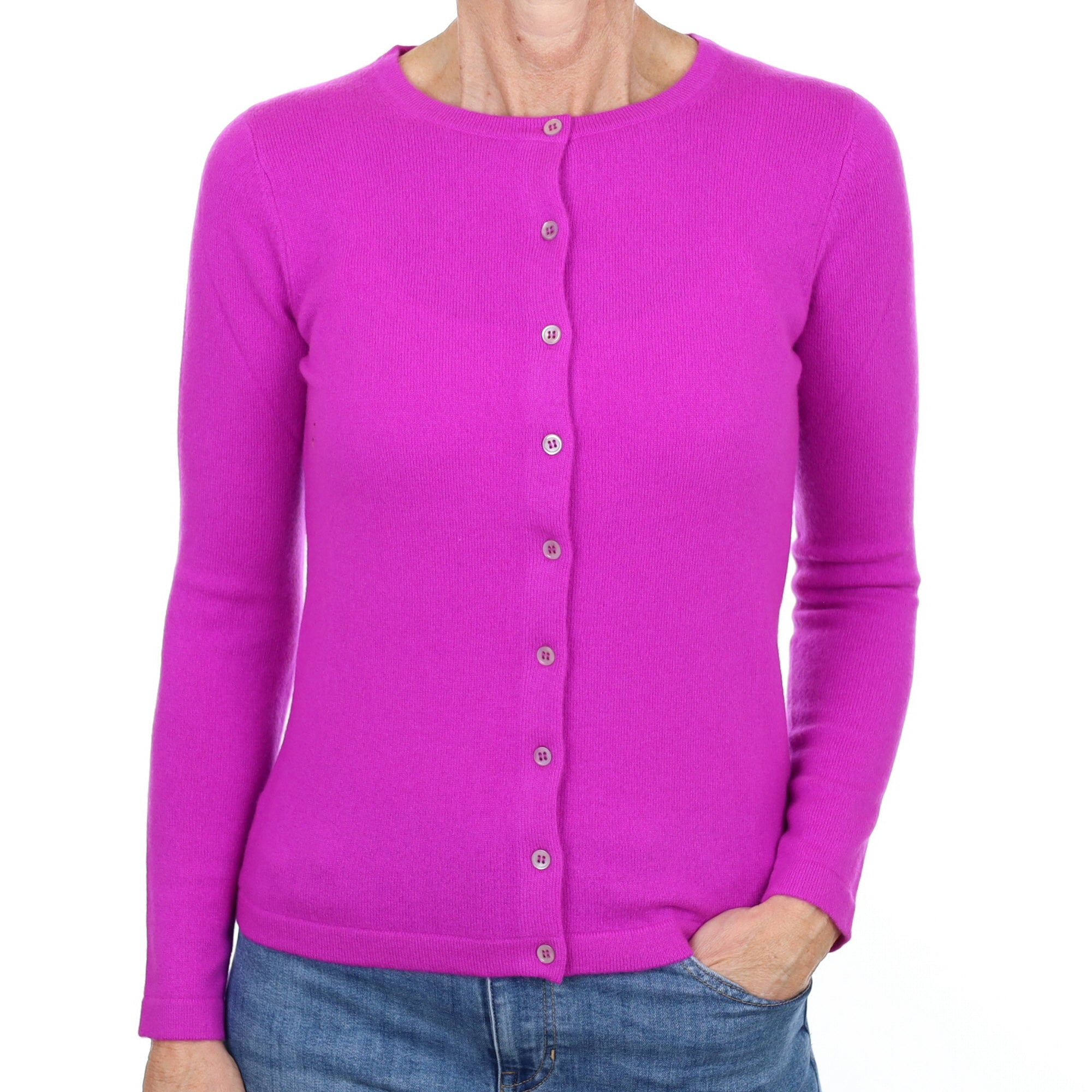 New Magenta Purple Cashmere Crew Neck Cardigan Small