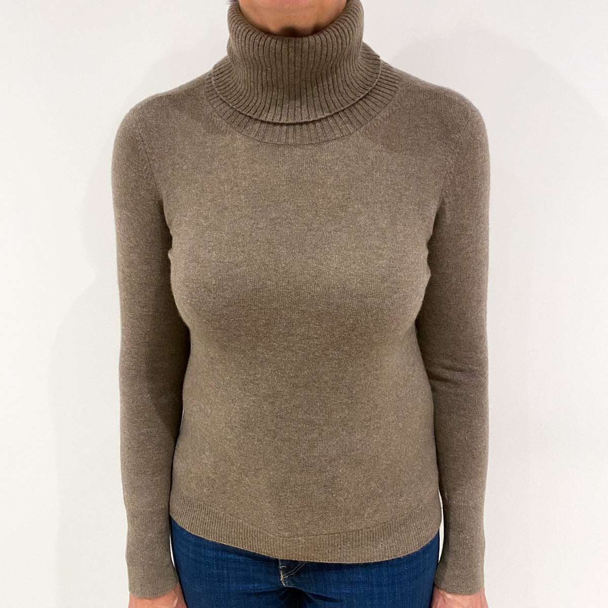 Mocha Brown Cashmere Polo Neck Jumper Medium