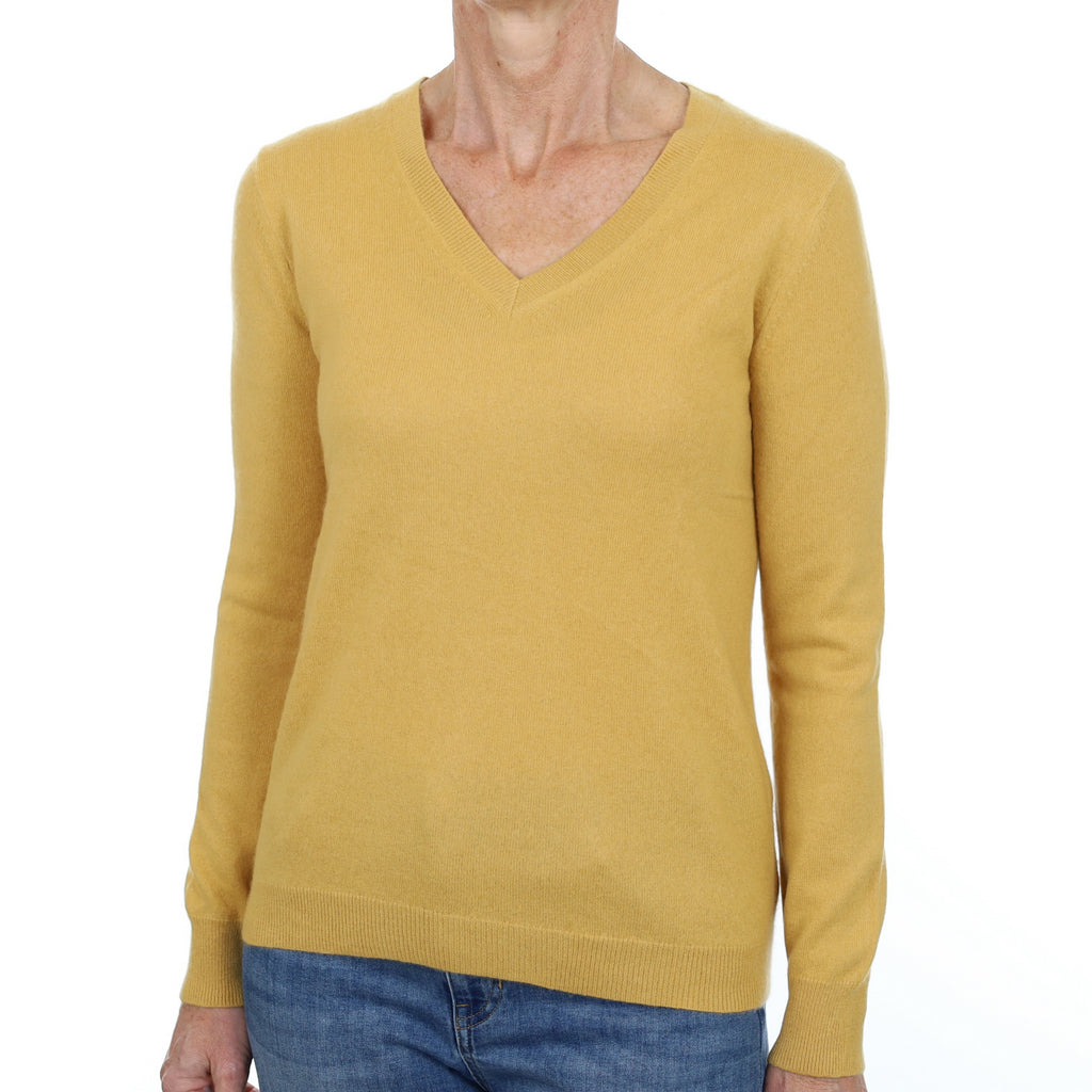 Flaxen Yellow Cashmere V Neck Jumper Small