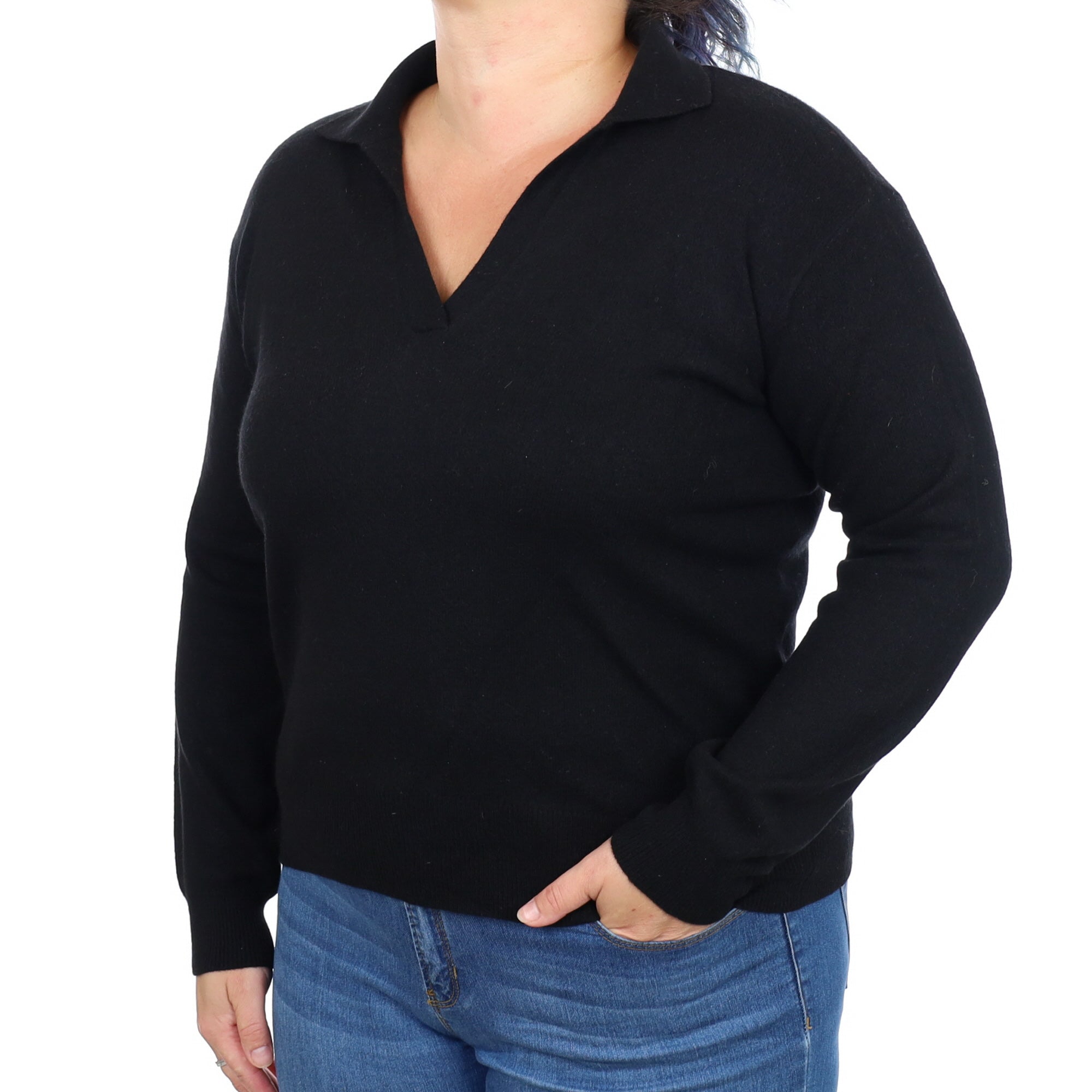 Black Cashmere Collared V Neck Jumper Large
