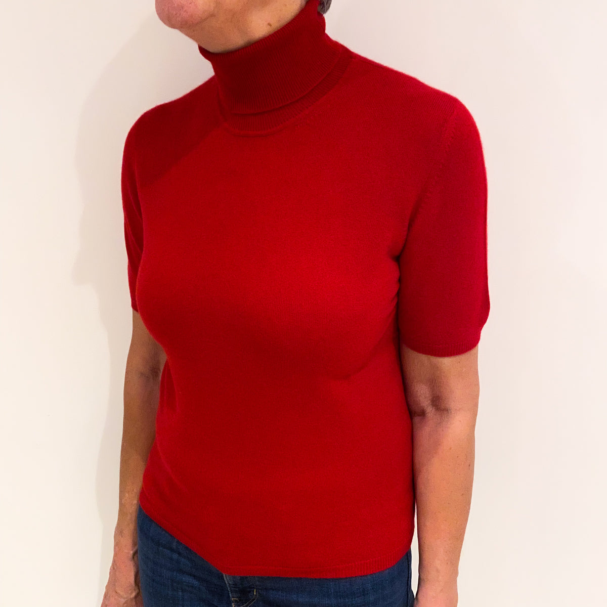 Scarlet Red Cashmere Short Sleeved Polo Neck Jumper Medium