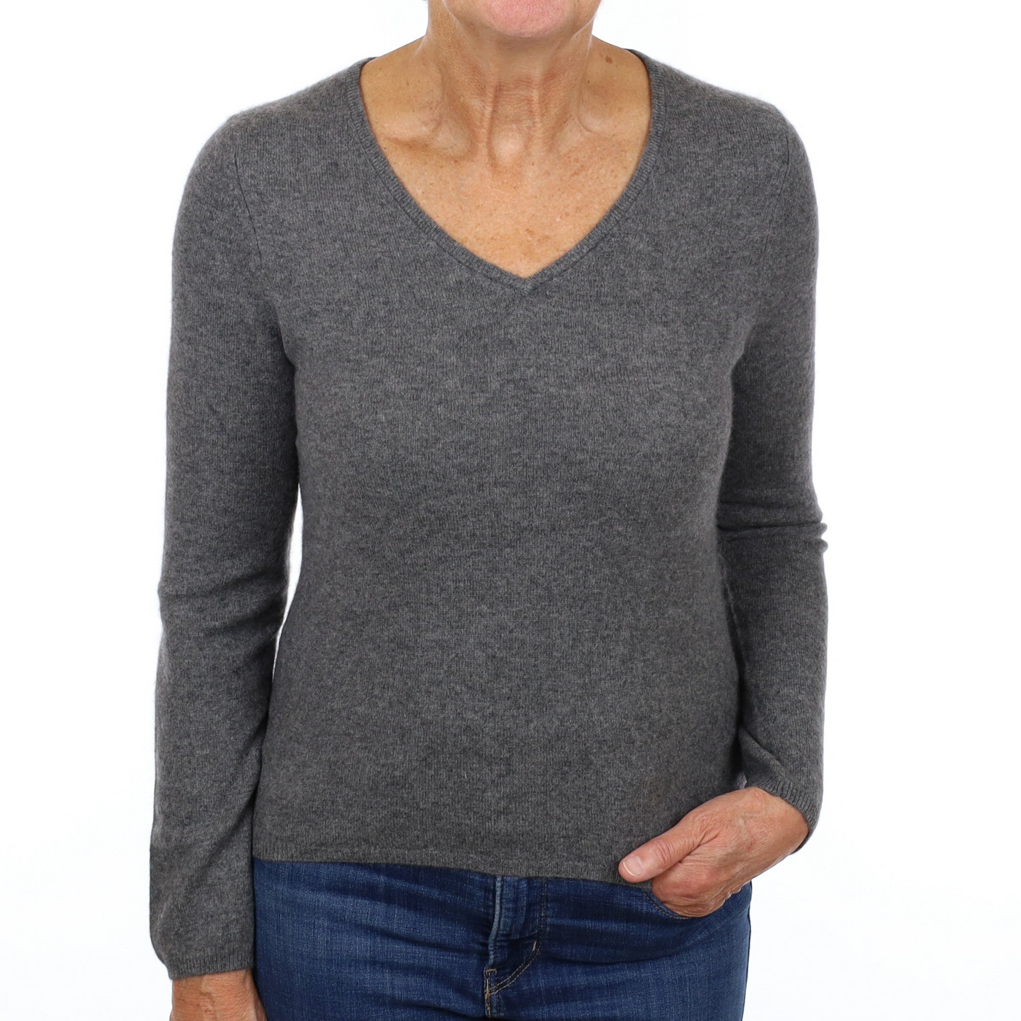 Slate Grey Cashmere V Neck Jumper Medium