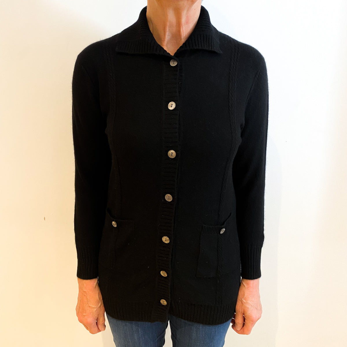 Black Cashmere Collared Cardigan with Pockets Medium
