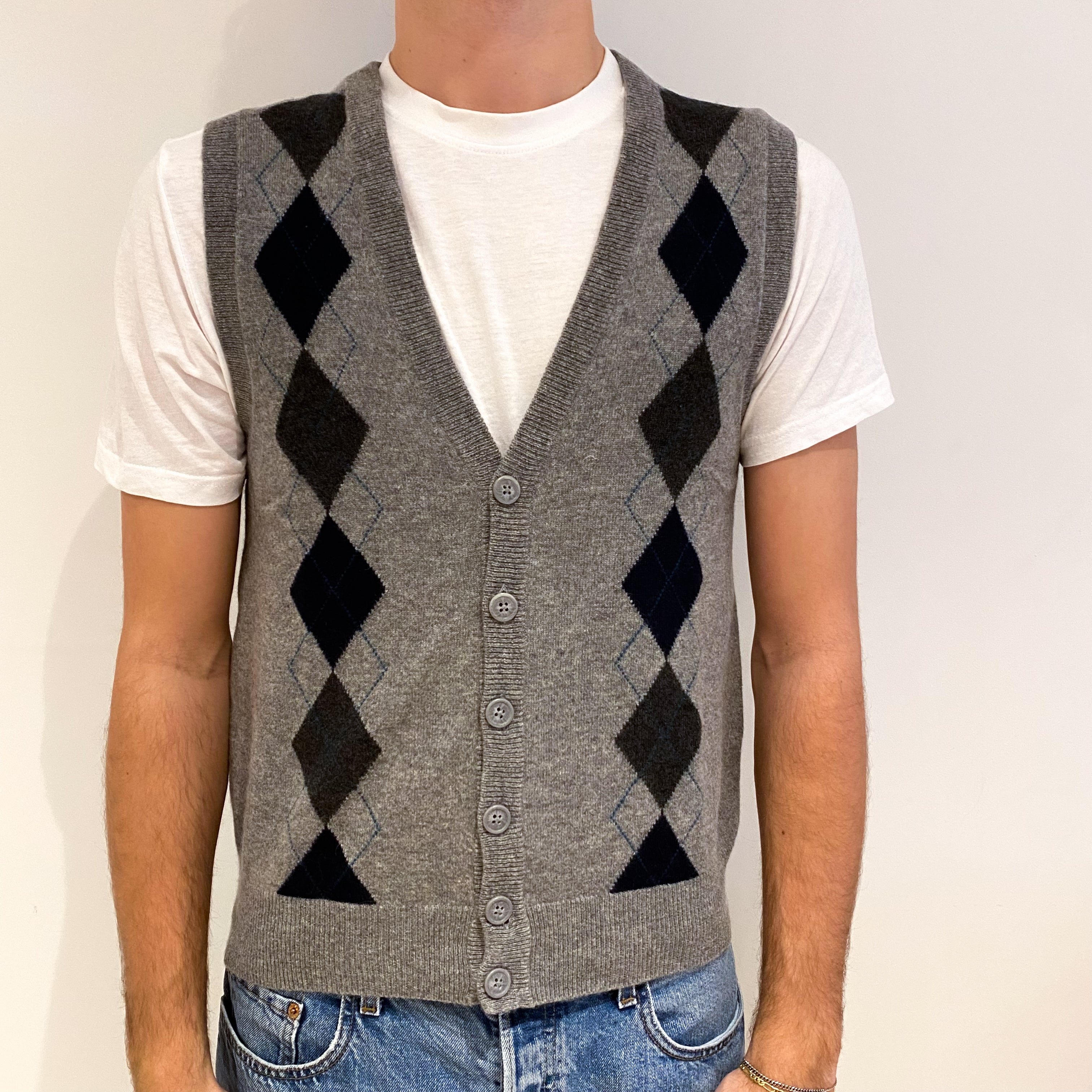 Men's Ash Grey Diamond Cashmere V Neck Gilet Medium