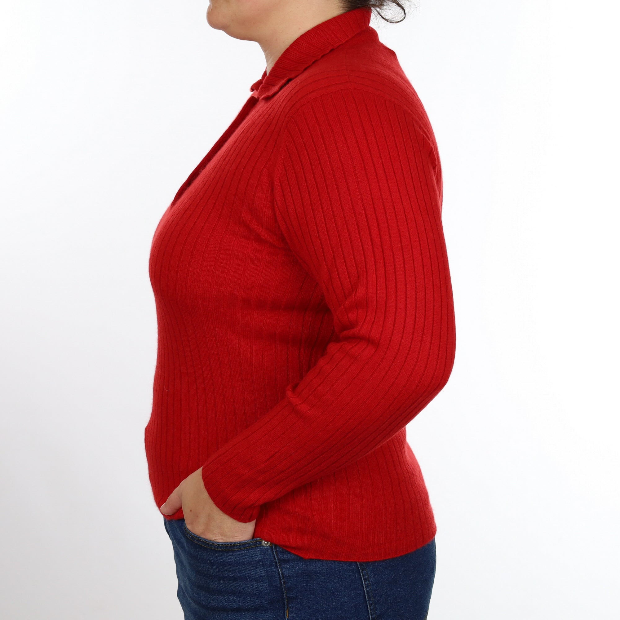 Berry Red Rib Cashmere Collared 1/4 Button Jumper Large