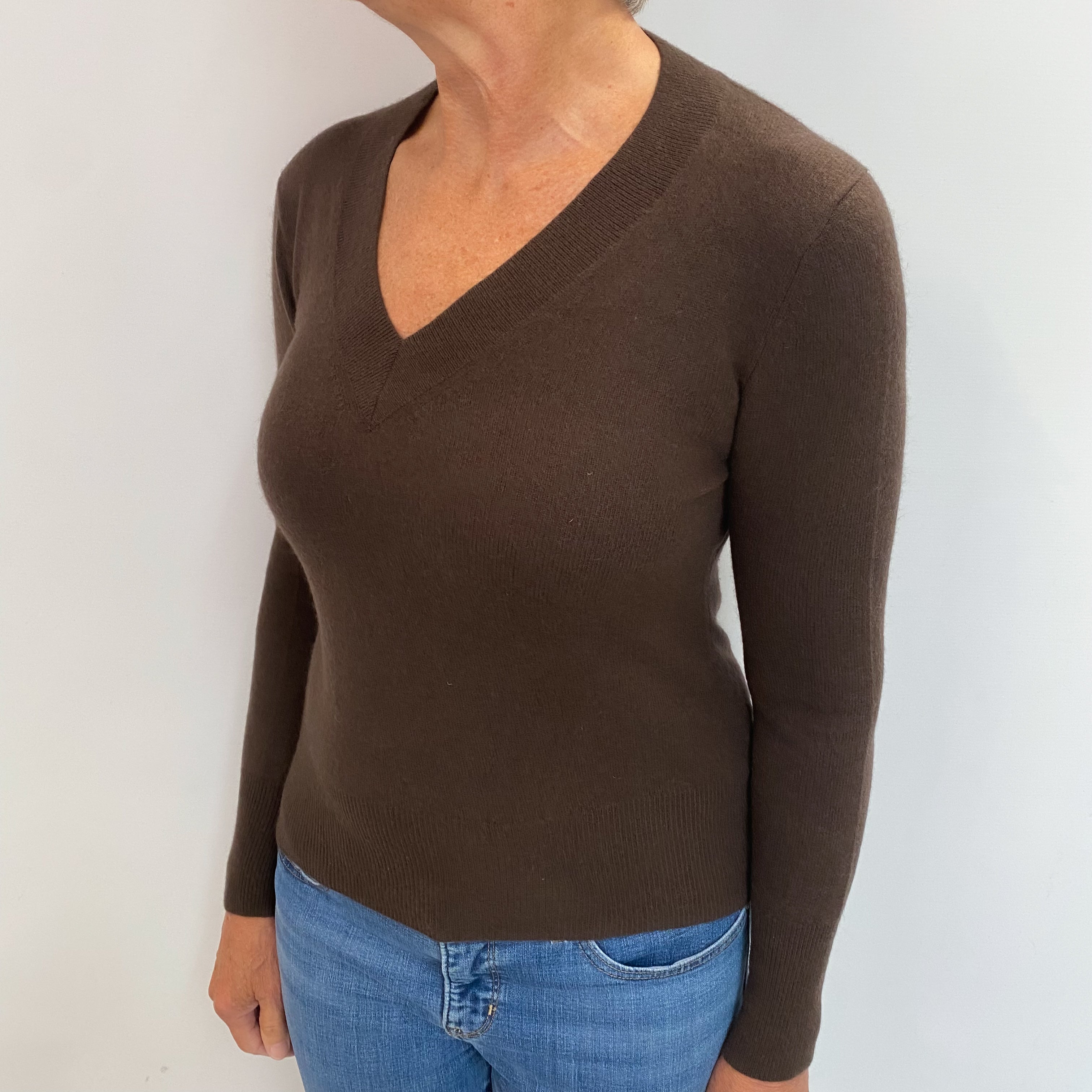 Chocolate Brown Cashmere V Neck Jumper Medium